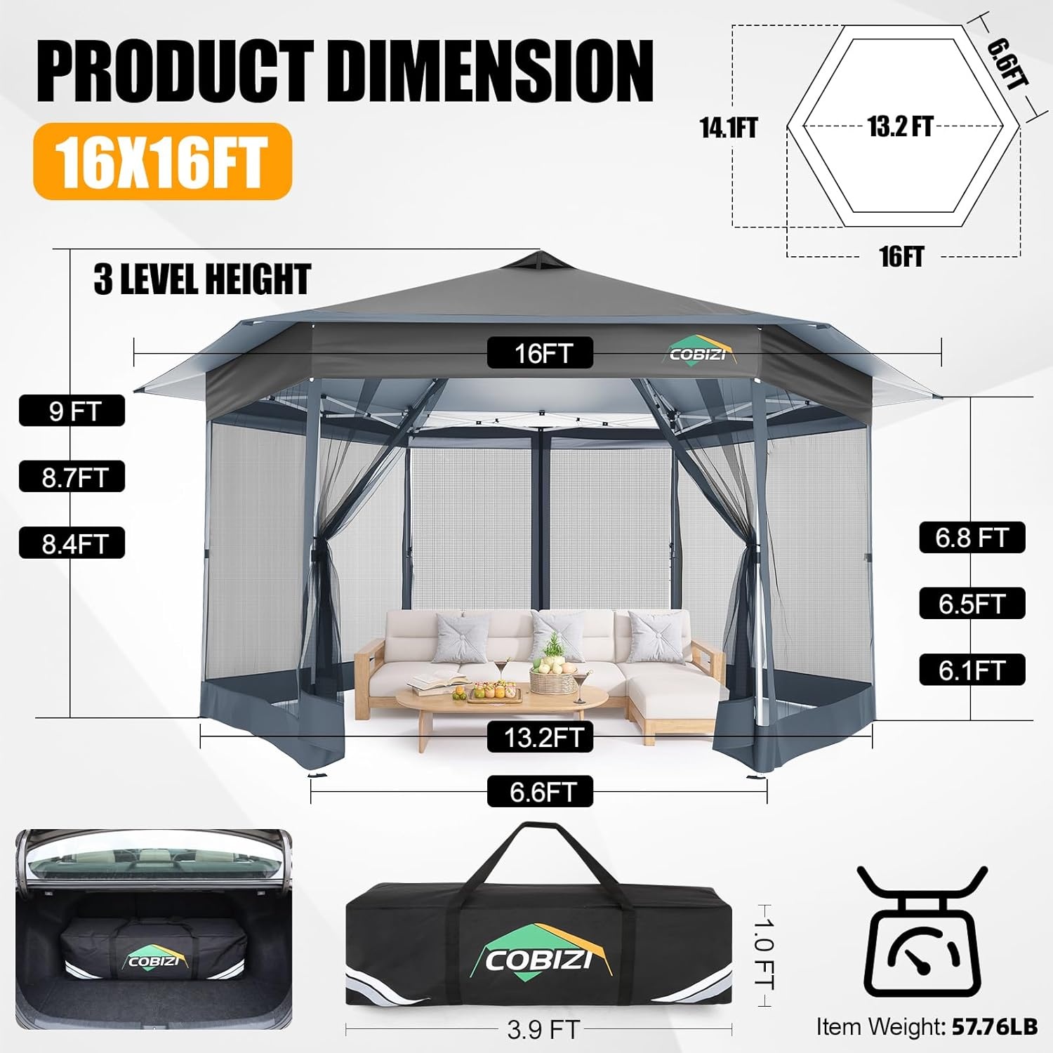 image:imageCOBIZI 16x16 Pop Up Gazebo Tent with Mosquito Netting Gazebos on Clearance Hexagonal Outdoor Canopy Shelter Patented Center Lock 6Sided Portable Gazebos Pop Up Canopy Tent for Backyard GrayGray
