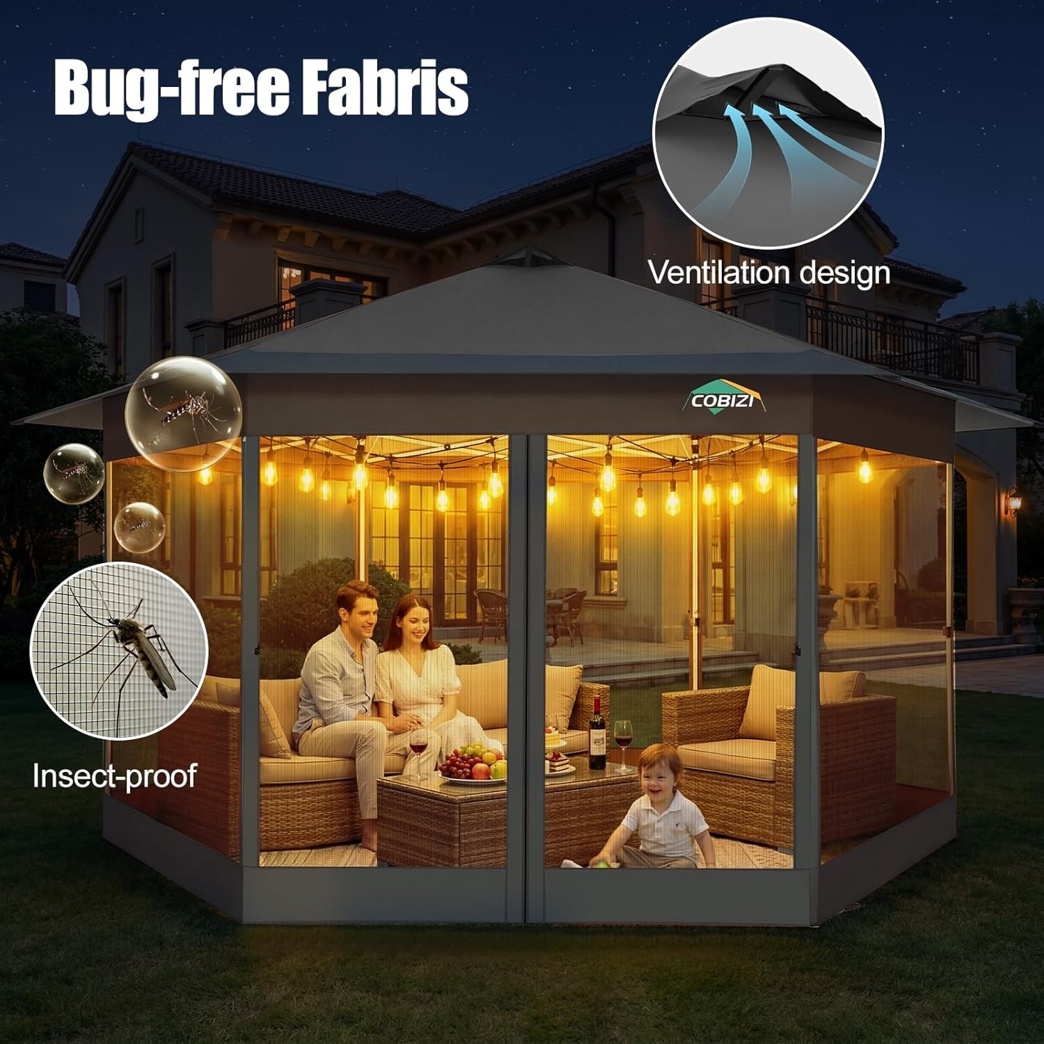 image:imageCOBIZI 16x16 Pop Up Gazebo Tent with Mosquito Netting Gazebos on Clearance Hexagonal Outdoor Canopy Shelter Patented Center Lock 6Sided Portable Gazebos Pop Up Canopy Tent for Backyard GrayGray