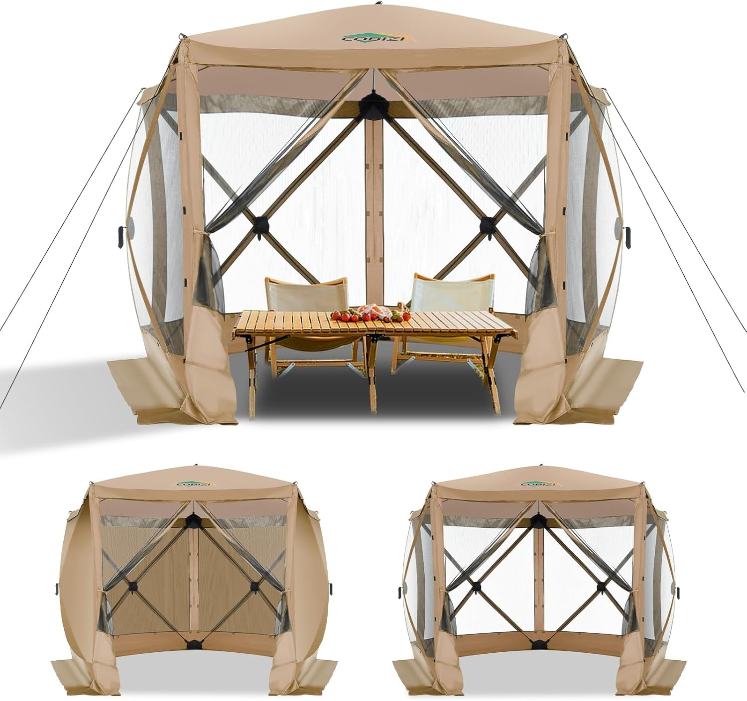 image:imageCOBIZI 16x16 Pop Up Gazebo Tent with Mosquito Netting Gazebos on Clearance Hexagonal Outdoor Canopy Shelter Patented Center Lock 6Sided Portable Gazebos Pop Up Canopy Tent for Backyard GrayKhaki