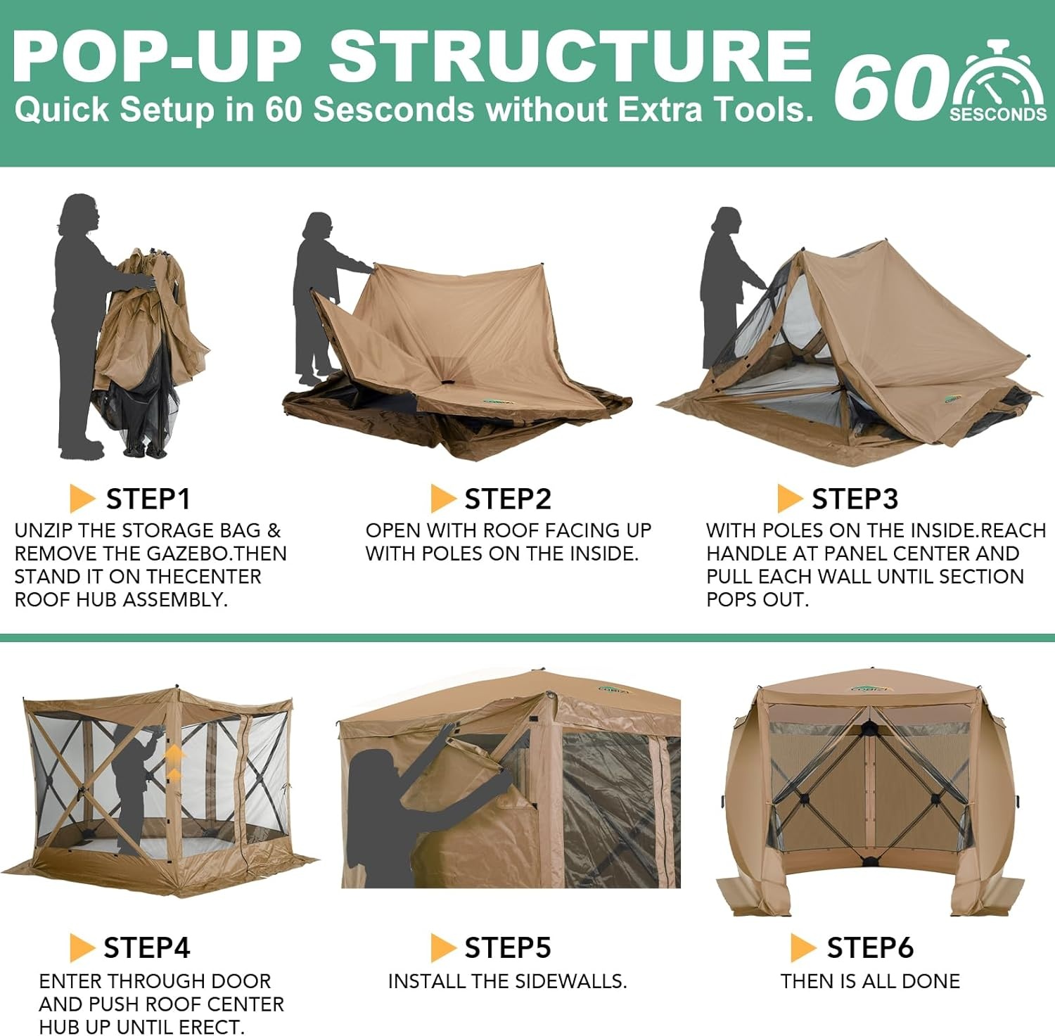 image:imageCOBIZI 16x16 Pop Up Gazebo Tent with Mosquito Netting Gazebos on Clearance Hexagonal Outdoor Canopy Shelter Patented Center Lock 6Sided Portable Gazebos Pop Up Canopy Tent for Backyard GrayKhaki