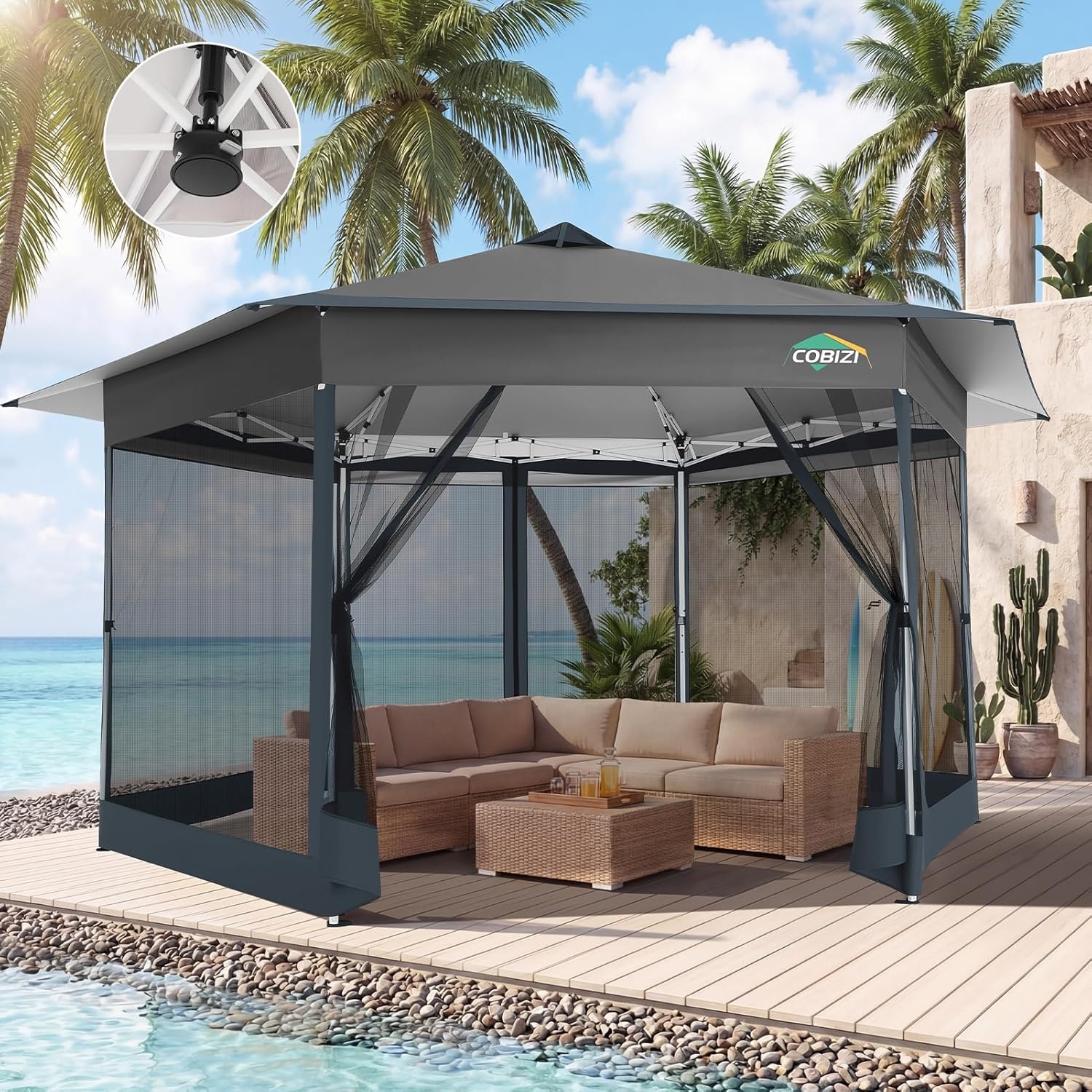 image:imageCOBIZI 16x16 Pop Up Gazebo Tent with Mosquito Netting Gazebos on Clearance Hexagonal Outdoor Canopy Shelter Patented Center Lock 6Sided Portable Gazebos Pop Up Canopy Tent for Backyard GrayGray