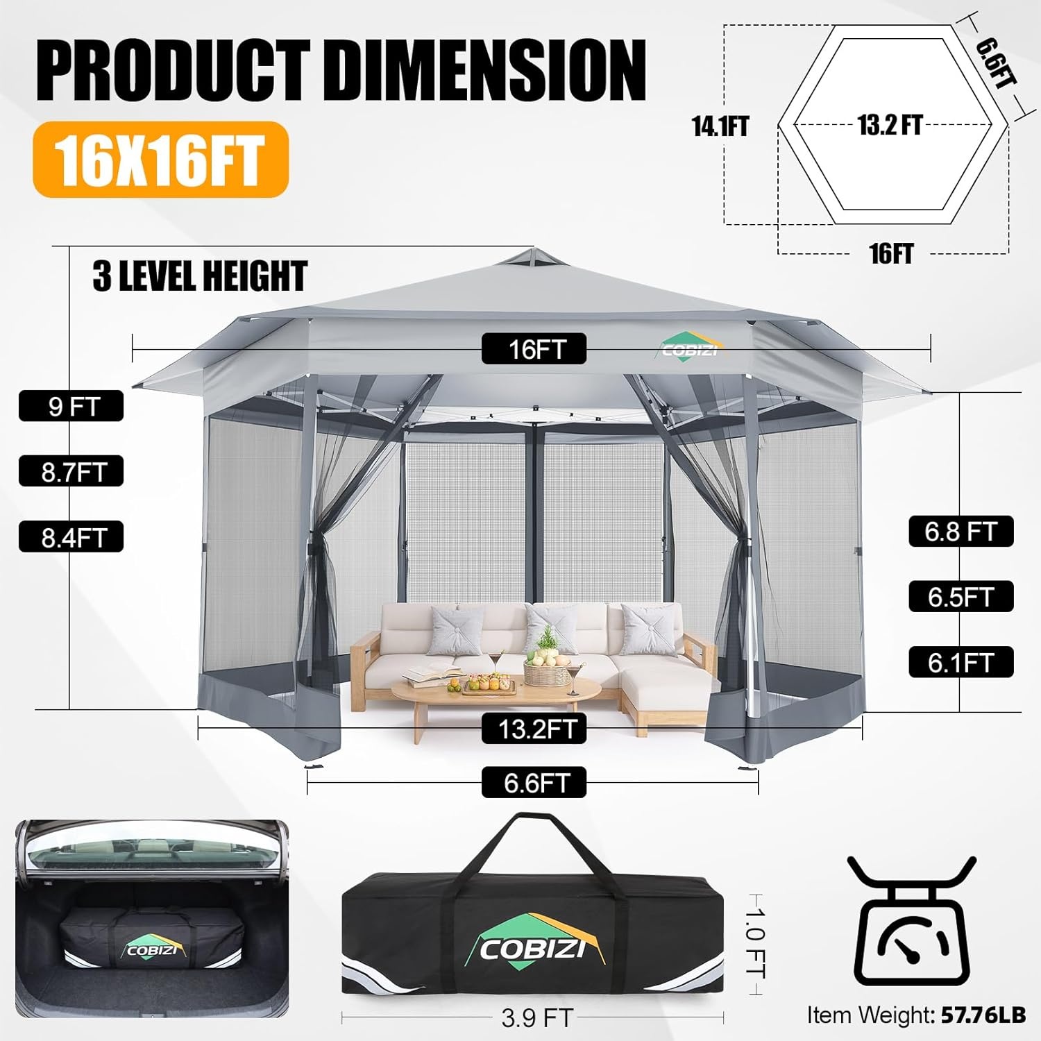 image:imageCOBIZI 16x16 Pop Up Gazebo Tent with Mosquito Netting Gazebos on Clearance Hexagonal Outdoor Canopy Shelter Patented Center Lock 6Sided Portable Gazebos Pop Up Canopy Tent for Backyard GrayWhite