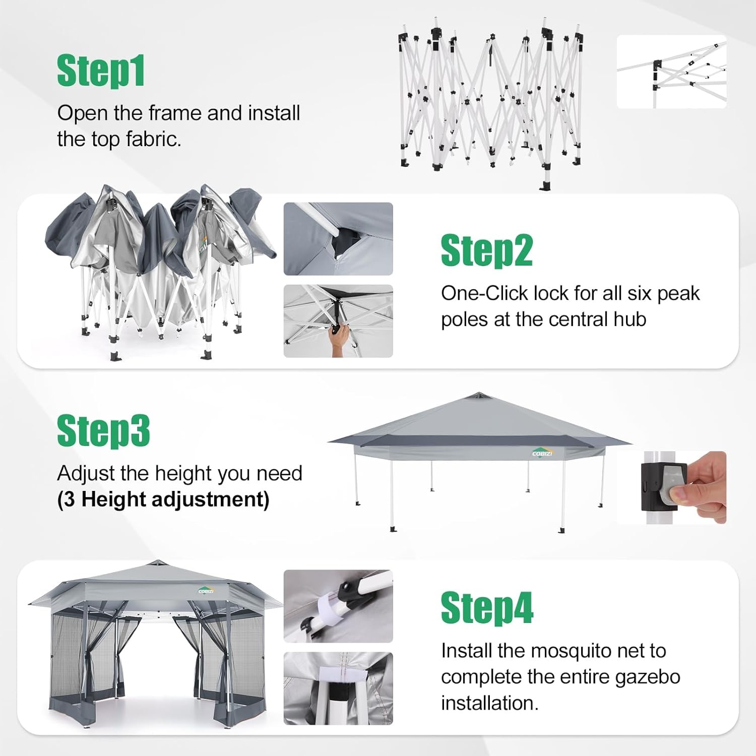 image:imageCOBIZI 16x16 Pop Up Gazebo Tent with Mosquito Netting Gazebos on Clearance Hexagonal Outdoor Canopy Shelter Patented Center Lock 6Sided Portable Gazebos Pop Up Canopy Tent for Backyard GrayWhite