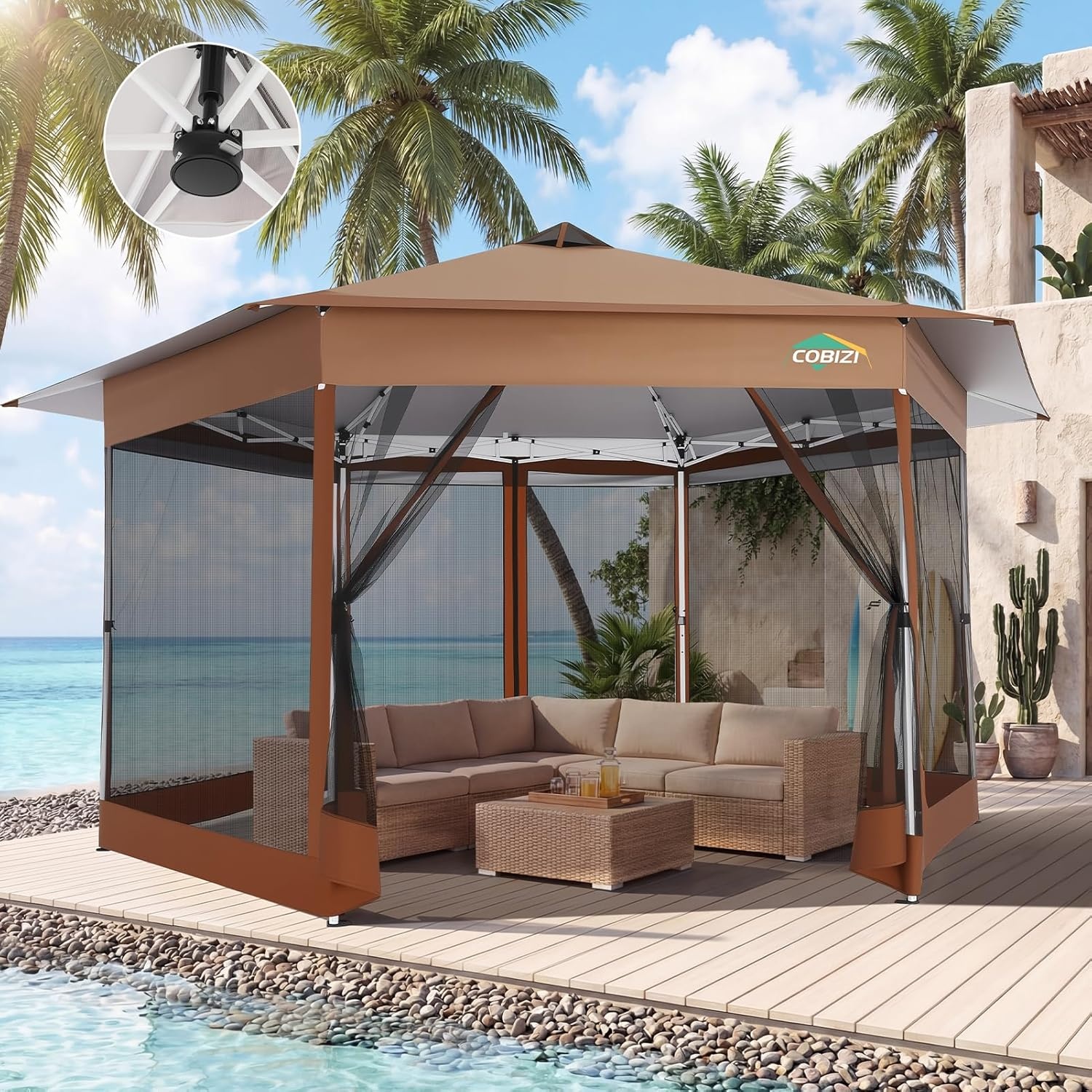 image:imageCOBIZI 16x16 Pop Up Gazebo Tent with Mosquito Netting Gazebos on Clearance Hexagonal Outdoor Canopy Shelter Patented Center Lock 6Sided Portable Gazebos Pop Up Canopy Tent for Backyard GrayBROWN