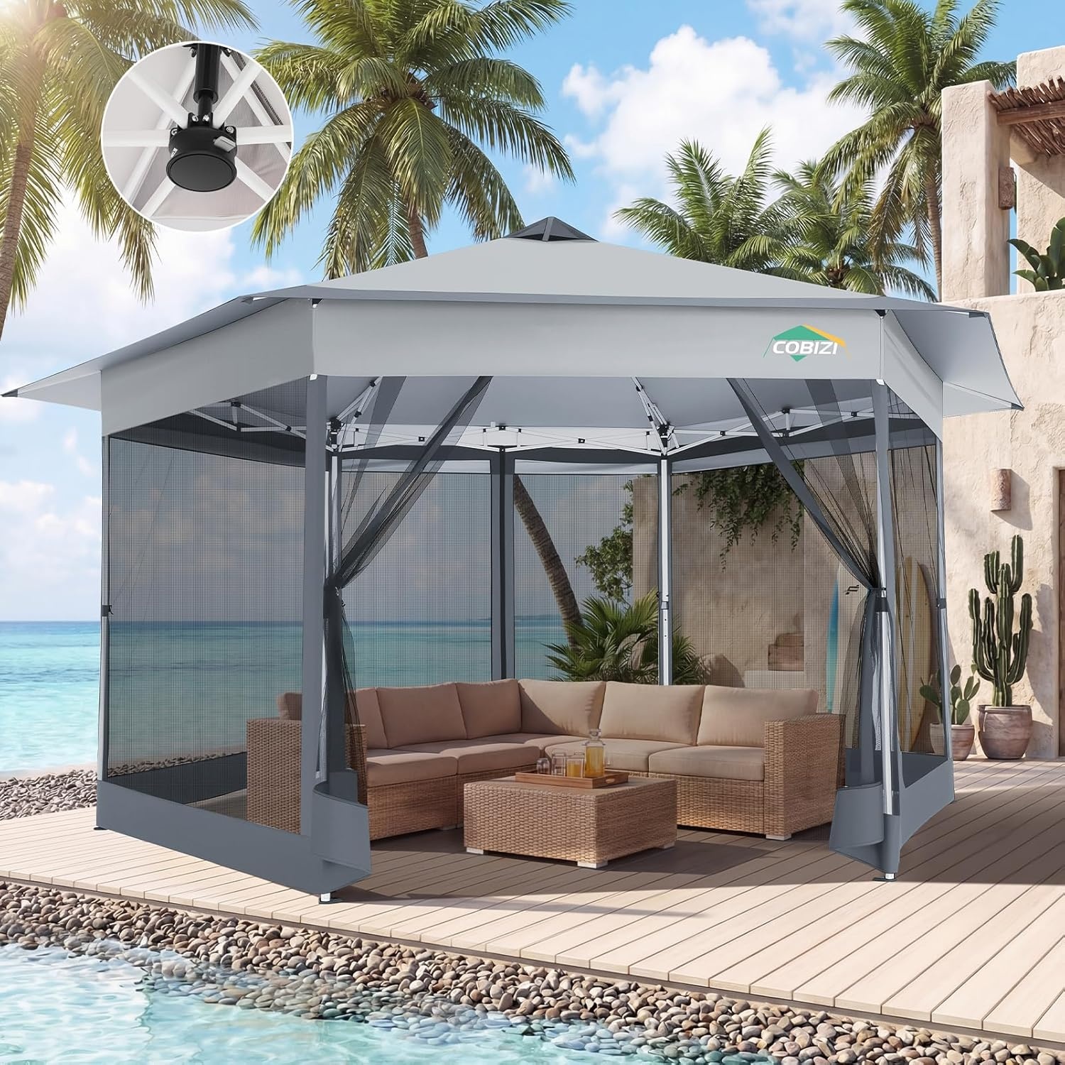 image:imageCOBIZI 16x16 Pop Up Gazebo Tent with Mosquito Netting Gazebos on Clearance Hexagonal Outdoor Canopy Shelter Patented Center Lock 6Sided Portable Gazebos Pop Up Canopy Tent for Backyard GrayWhite
