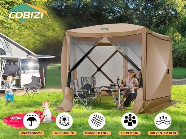 image:imageCOBIZI 16x16 Pop Up Gazebo Tent with Mosquito Netting Gazebos on Clearance Hexagonal Outdoor Canopy Shelter Patented Center Lock 6Sided Portable Gazebos Pop Up Canopy Tent for Backyard GrayKhaki