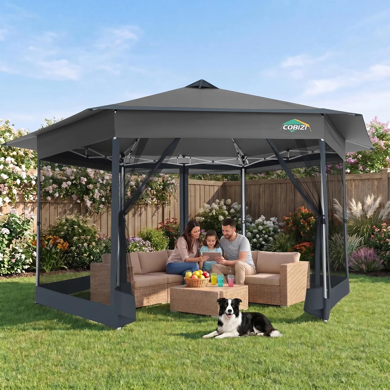 image:imageCOBIZI 16x16 Pop Up Gazebo Tent with Mosquito Netting Gazebos on Clearance Hexagonal Outdoor Canopy Shelter Patented Center Lock 6Sided Portable Gazebos Pop Up Canopy Tent for Backyard GrayGray