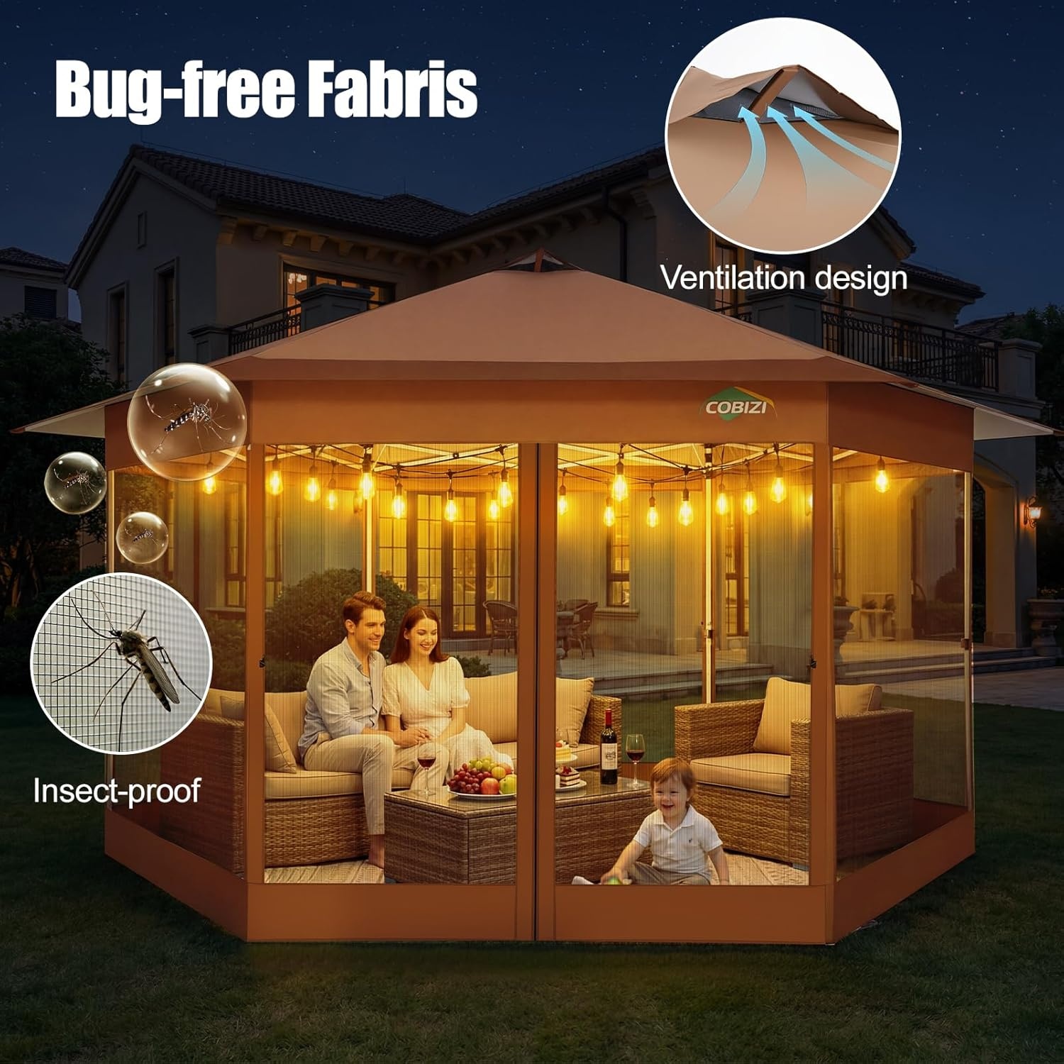 image:imageCOBIZI 16x16 Pop Up Gazebo Tent with Mosquito Netting Gazebos on Clearance Hexagonal Outdoor Canopy Shelter Patented Center Lock 6Sided Portable Gazebos Pop Up Canopy Tent for Backyard GrayBROWN