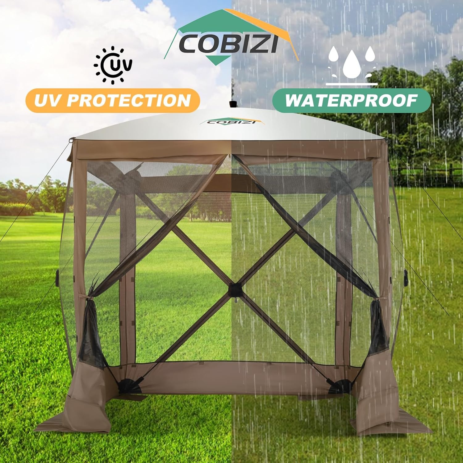 image:imageCOBIZI 16x16 Pop Up Gazebo Tent with Mosquito Netting Gazebos on Clearance Hexagonal Outdoor Canopy Shelter Patented Center Lock 6Sided Portable Gazebos Pop Up Canopy Tent for Backyard GrayClassic Brown