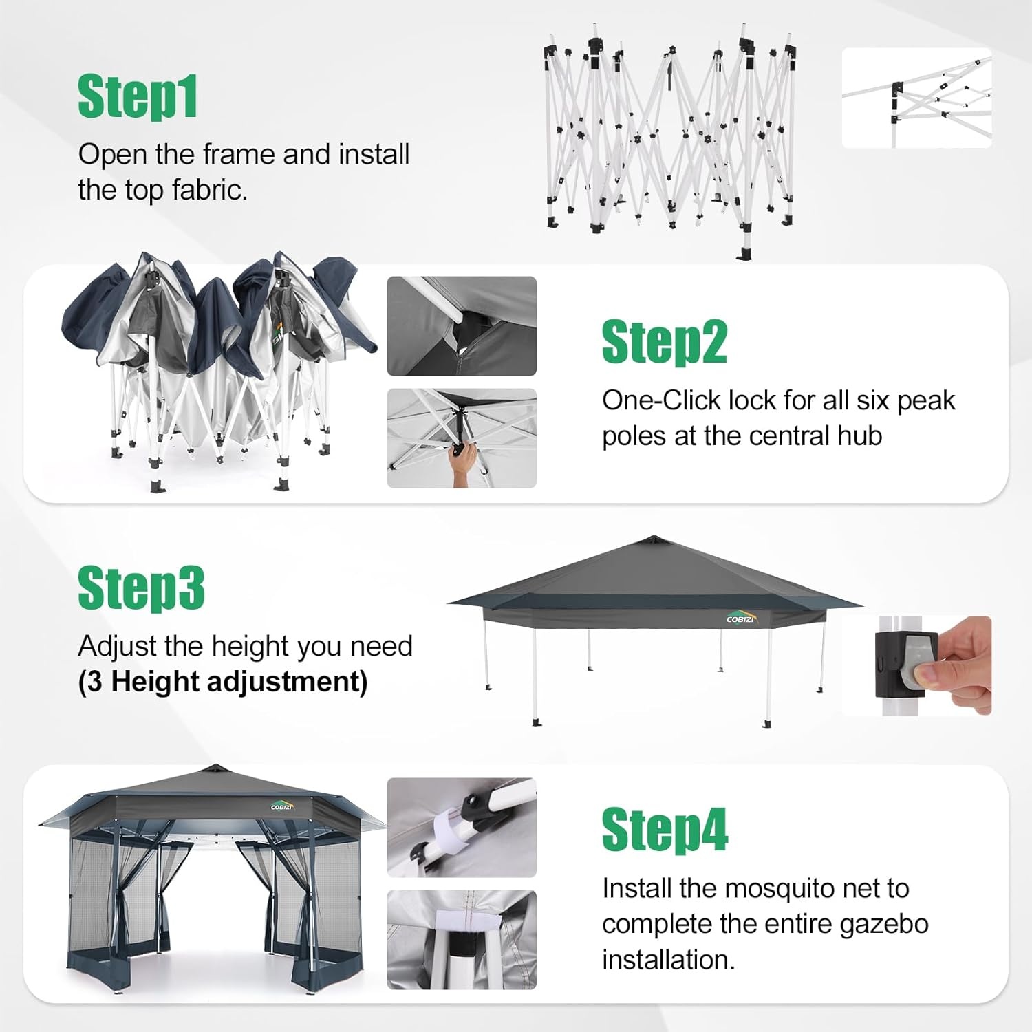 image:imageCOBIZI 16x16 Pop Up Gazebo Tent with Mosquito Netting Gazebos on Clearance Hexagonal Outdoor Canopy Shelter Patented Center Lock 6Sided Portable Gazebos Pop Up Canopy Tent for Backyard GrayGray
