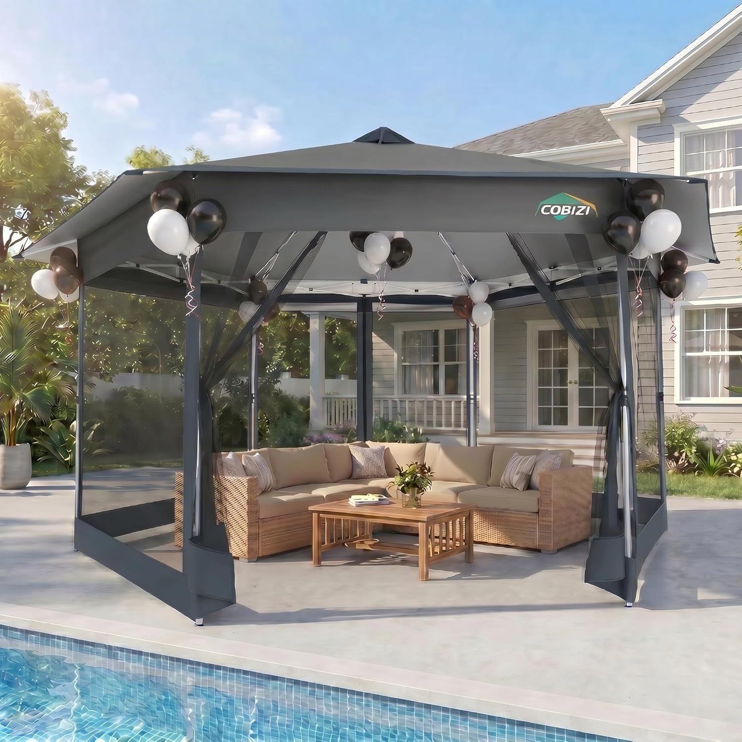 image:imageCOBIZI 16x16 Pop Up Gazebo Tent with Mosquito Netting Gazebos on Clearance Hexagonal Outdoor Canopy Shelter Patented Center Lock 6Sided Portable Gazebos Pop Up Canopy Tent for Backyard GrayGray