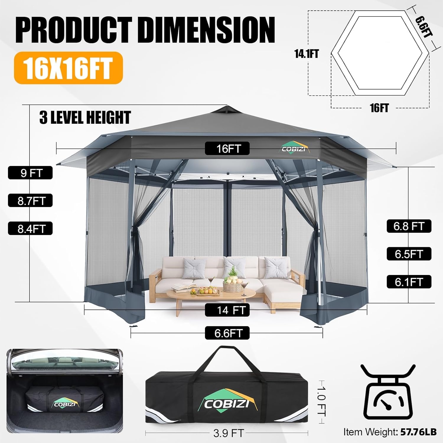 image:imageCOBIZI 16x16 Pop Up Gazebo Tent with Mosquito Netting Gazebos on Clearance Hexagonal Outdoor Canopy Shelter Patented Center Lock 6Sided Portable Gazebos Pop Up Canopy Tent for Backyard GrayGray