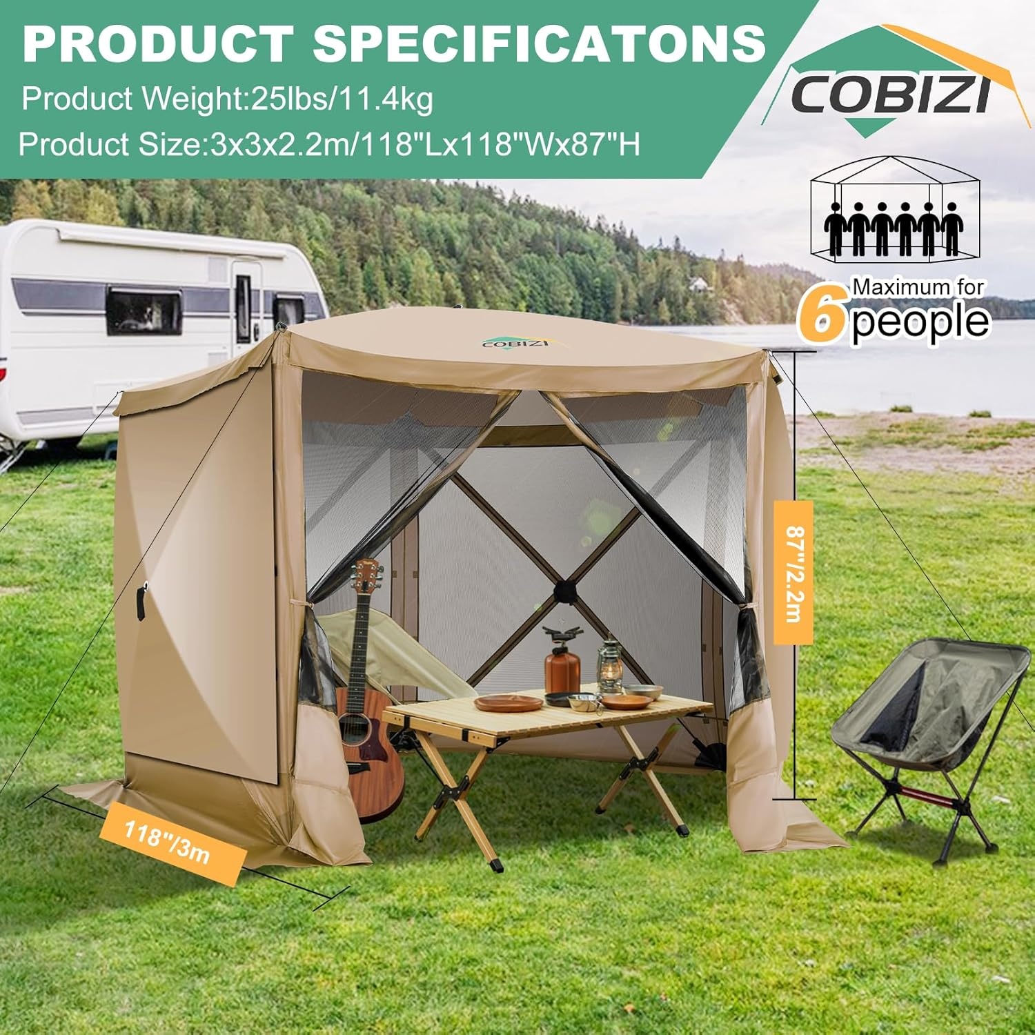 image:imageCOBIZI 16x16 Pop Up Gazebo Tent with Mosquito Netting Gazebos on Clearance Hexagonal Outdoor Canopy Shelter Patented Center Lock 6Sided Portable Gazebos Pop Up Canopy Tent for Backyard GrayKhaki