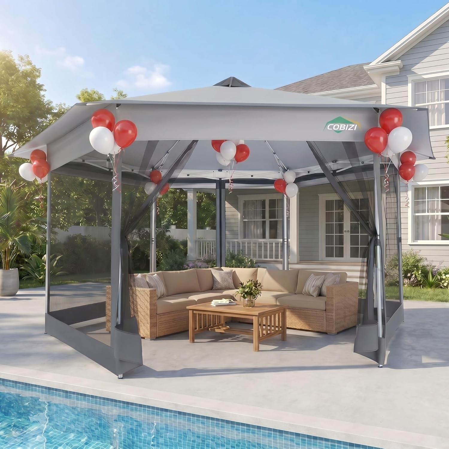 image:imageCOBIZI 16x16 Pop Up Gazebo Tent with Mosquito Netting Gazebos on Clearance Hexagonal Outdoor Canopy Shelter Patented Center Lock 6Sided Portable Gazebos Pop Up Canopy Tent for Backyard GrayWhite