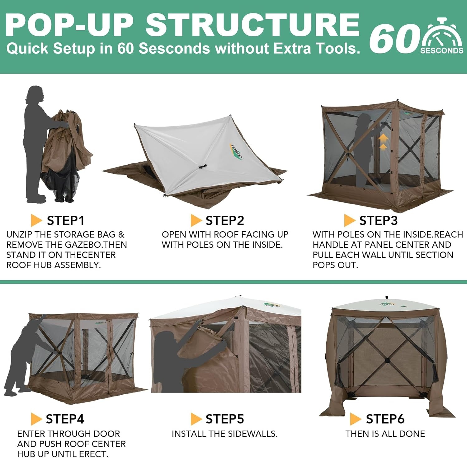 image:imageCOBIZI 16x16 Pop Up Gazebo Tent with Mosquito Netting Gazebos on Clearance Hexagonal Outdoor Canopy Shelter Patented Center Lock 6Sided Portable Gazebos Pop Up Canopy Tent for Backyard GrayClassic Brown