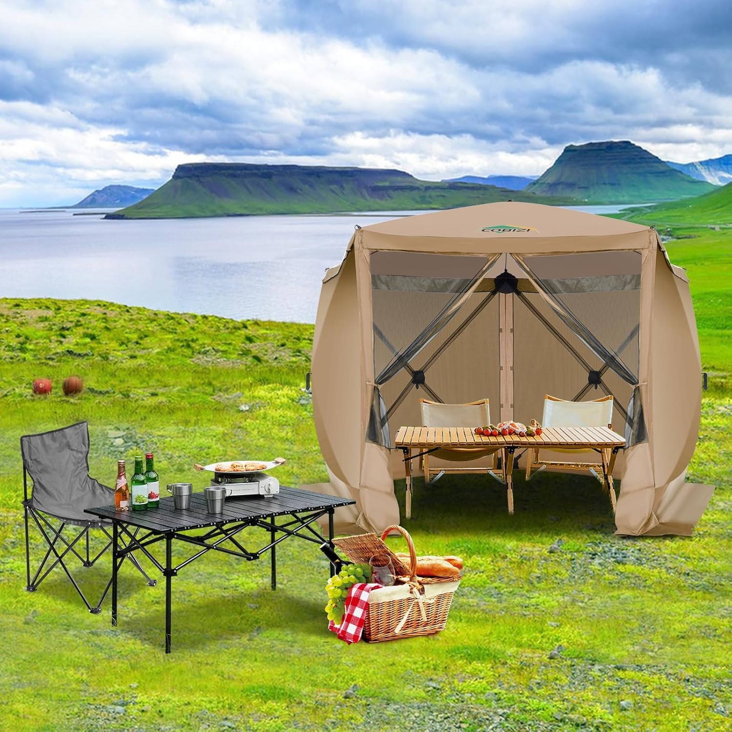image:imageCOBIZI 16x16 Pop Up Gazebo Tent with Mosquito Netting Gazebos on Clearance Hexagonal Outdoor Canopy Shelter Patented Center Lock 6Sided Portable Gazebos Pop Up Canopy Tent for Backyard GrayKhaki