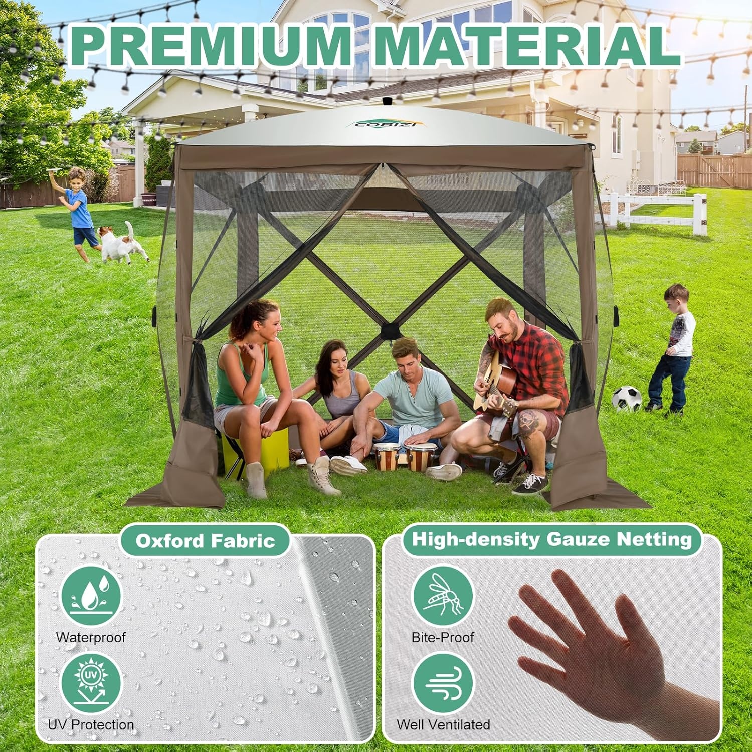 image:imageCOBIZI 16x16 Pop Up Gazebo Tent with Mosquito Netting Gazebos on Clearance Hexagonal Outdoor Canopy Shelter Patented Center Lock 6Sided Portable Gazebos Pop Up Canopy Tent for Backyard GrayClassic Brown