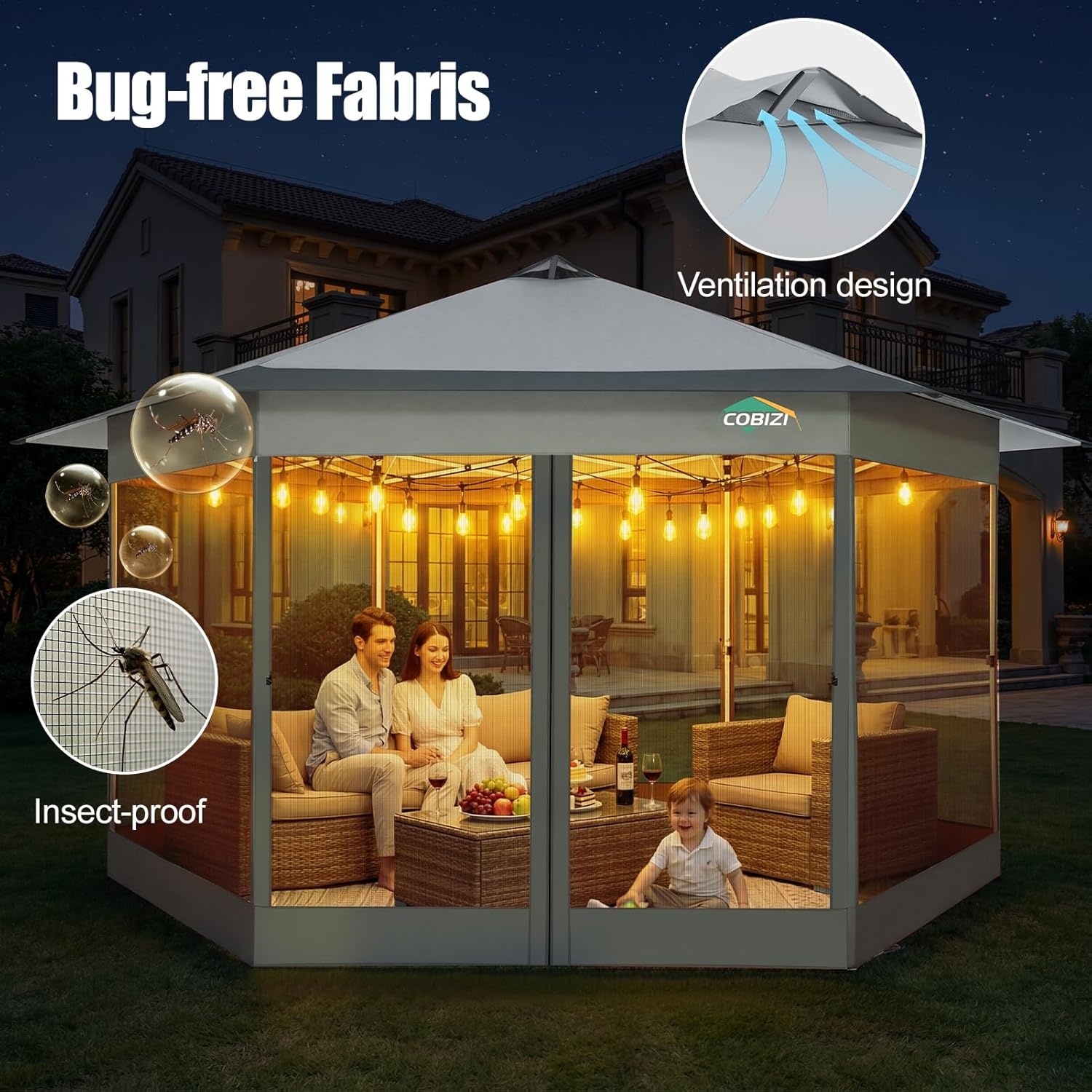 image:imageCOBIZI 16x16 Pop Up Gazebo Tent with Mosquito Netting Gazebos on Clearance Hexagonal Outdoor Canopy Shelter Patented Center Lock 6Sided Portable Gazebos Pop Up Canopy Tent for Backyard GrayWhite