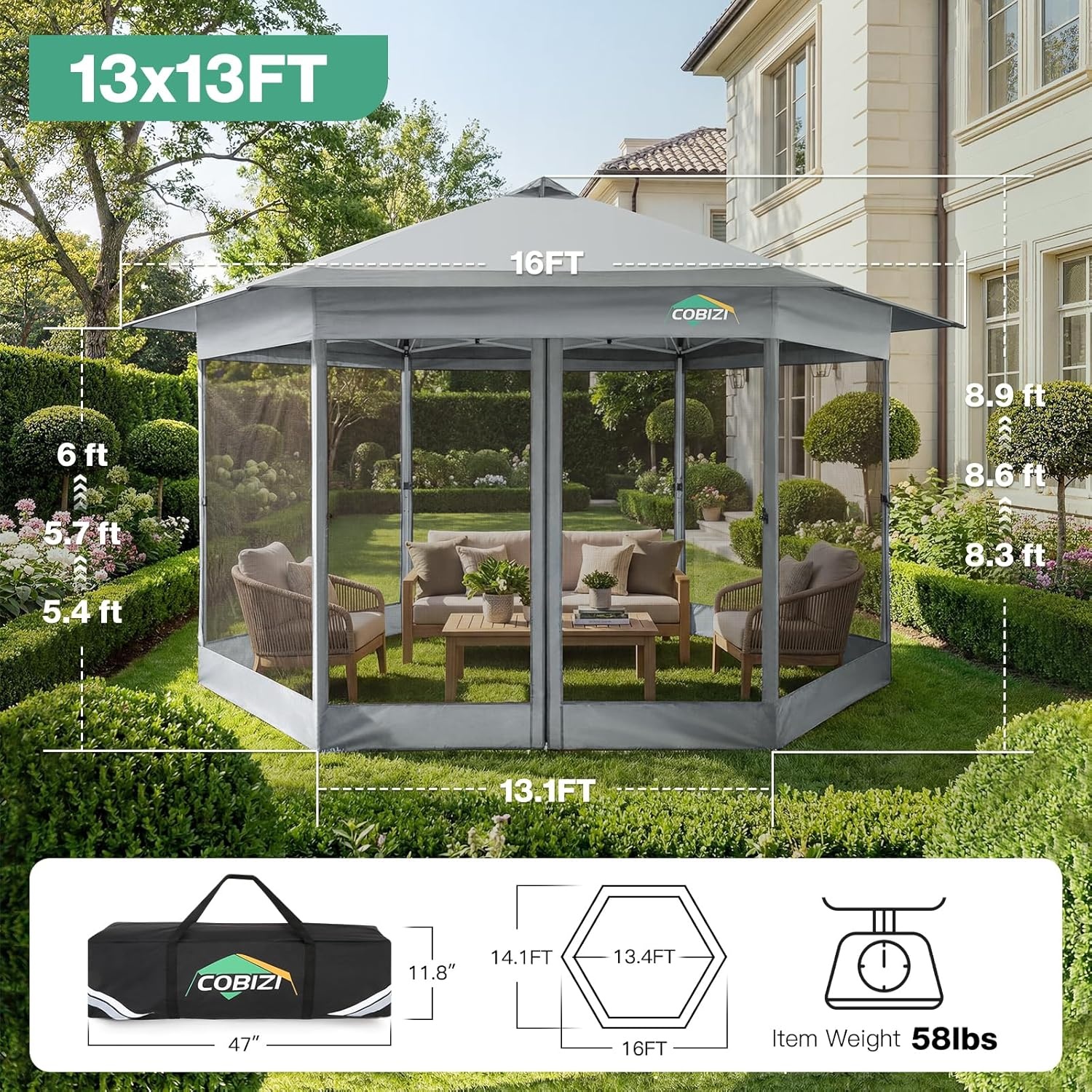 image:imageCOBIZI 16x16 Pop up Gazebo on Clearance Hexagonal Outdoor Canopy Tent with Mosquito Netting Adjustable Height and 256 Square ft of Shade for Party Backyard Gardens with Vented TopBrownLight Gray