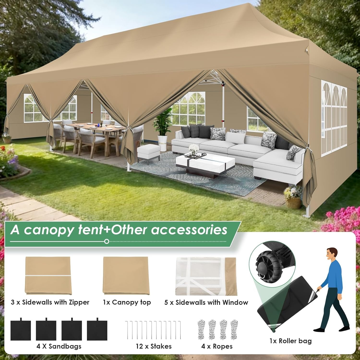 image:imageCOBIZI 16x16 Pop up Gazebo on Clearance Hexagonal Outdoor Canopy Tent with Mosquito Netting Adjustable Height and 256 Square ft of Shade for Party Backyard Gardens with Vented TopBrownKhaki1 year warranty