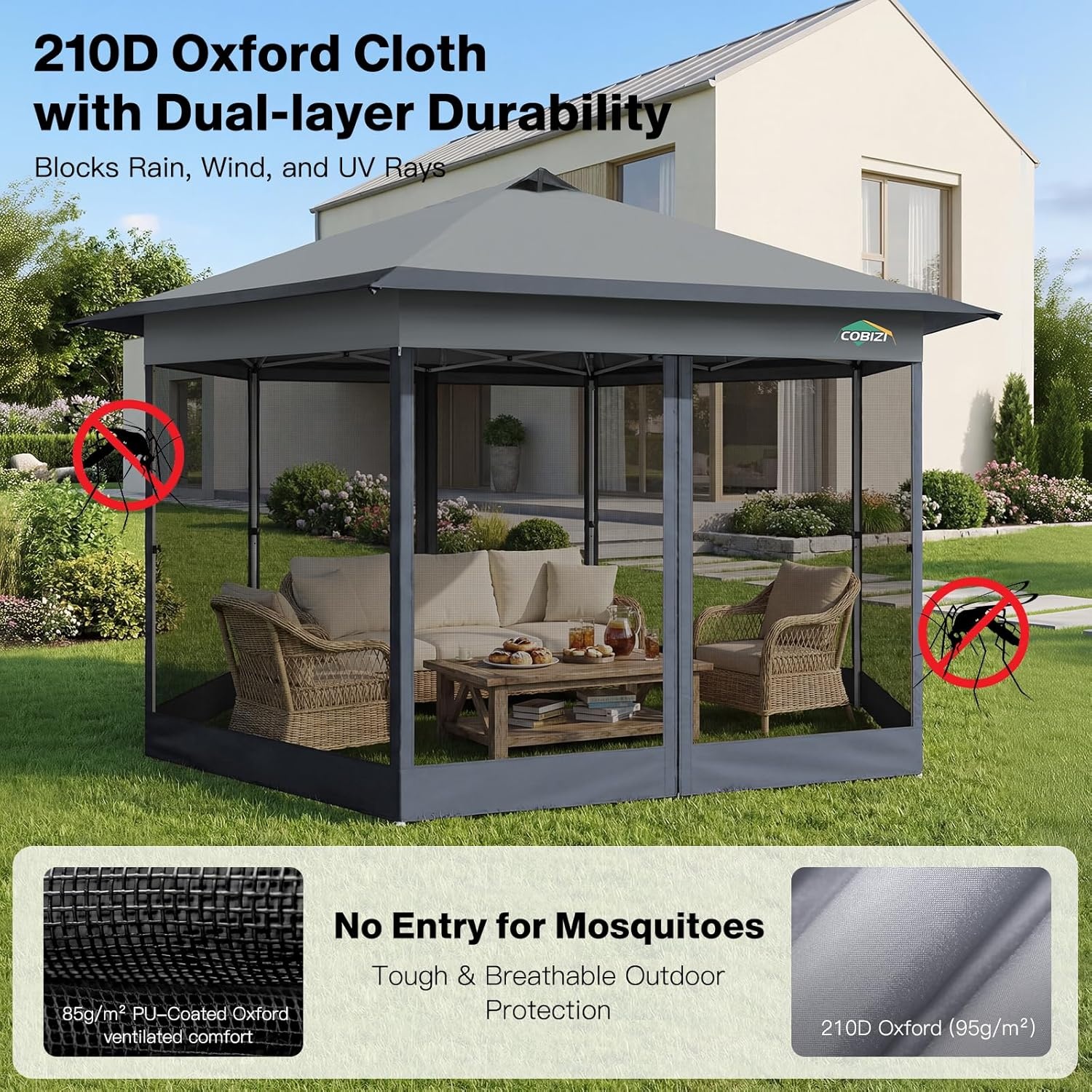 image:imageCOBIZI 16x16 Pop up Gazebo on Clearance Hexagonal Outdoor Canopy Tent with Mosquito Netting Adjustable Height and 256 Square ft of Shade for Party Backyard Gardens with Vented TopBrownDark Gray