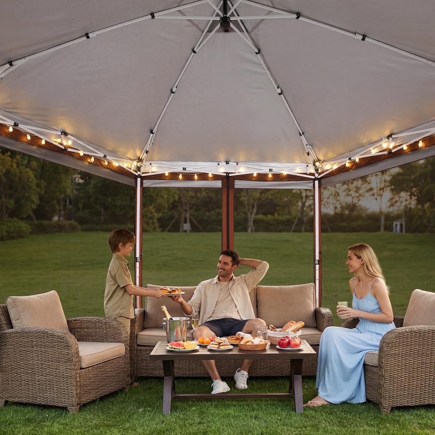 image:imageCOBIZI 16x16 Pop up Gazebo on Clearance Hexagonal Outdoor Canopy Tent with Mosquito Netting Adjustable Height and 256 Square ft of Shade for Party Backyard Gardens with Vented TopBrownBrown