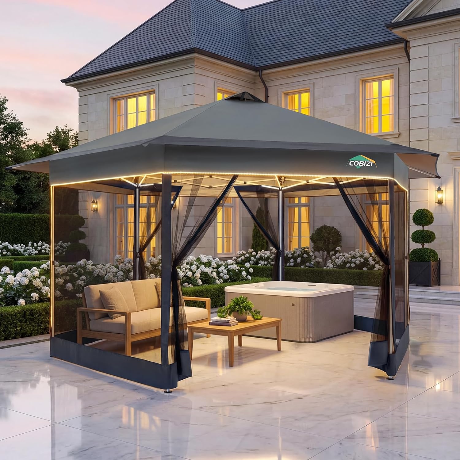 image:imageCOBIZI 16x16 Pop up Gazebo on Clearance Hexagonal Outdoor Canopy Tent with Mosquito Netting Adjustable Height and 256 Square ft of Shade for Party Backyard Gardens with Vented TopBrownDark Gray