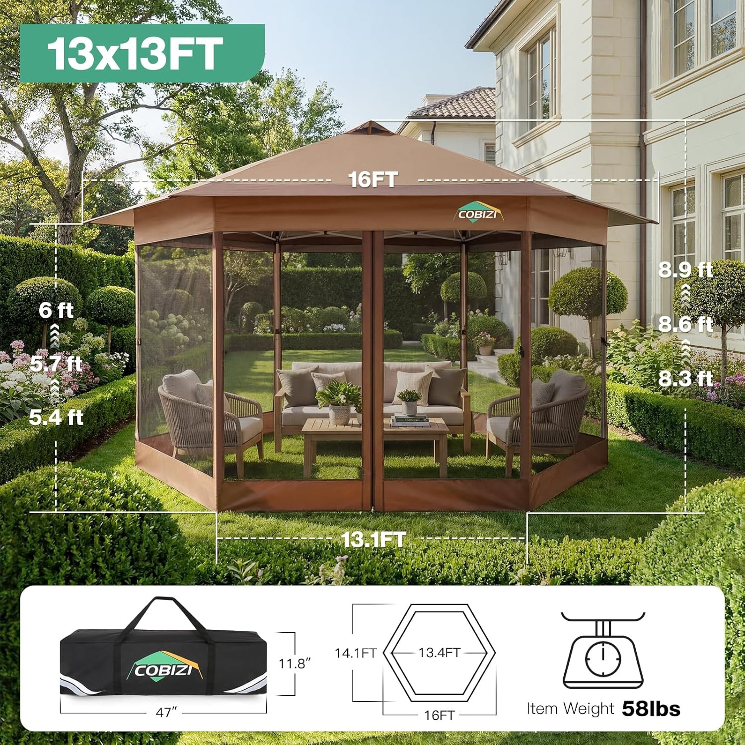 image:imageCOBIZI 16x16 Pop up Gazebo on Clearance Hexagonal Outdoor Canopy Tent with Mosquito Netting Adjustable Height and 256 Square ft of Shade for Party Backyard Gardens with Vented TopBrownBrown