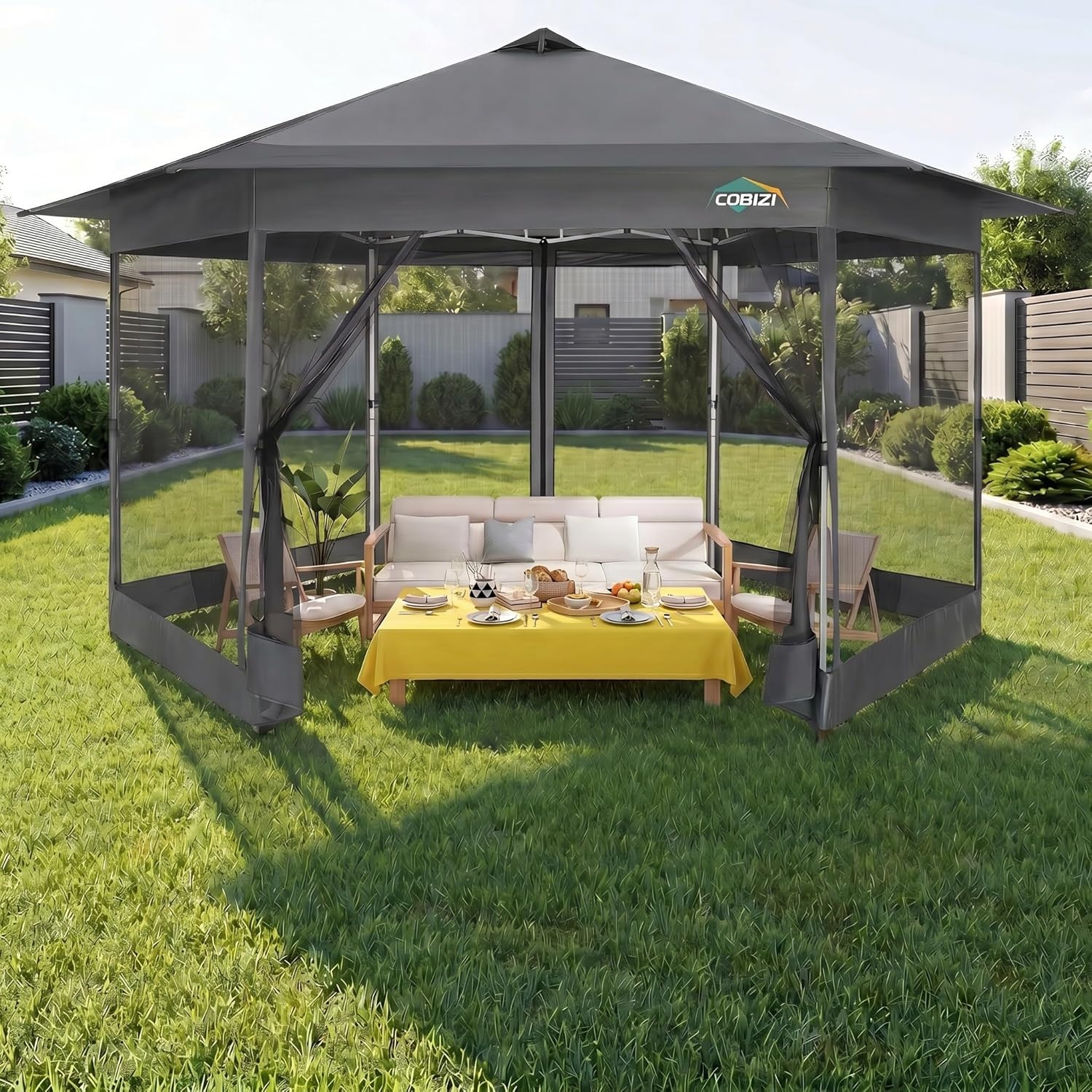 image:imageCOBIZI 16x16 Pop up Gazebo on Clearance Hexagonal Outdoor Canopy Tent with Mosquito Netting Adjustable Height and 256 Square ft of Shade for Party Backyard Gardens with Vented TopBrownDark Gray