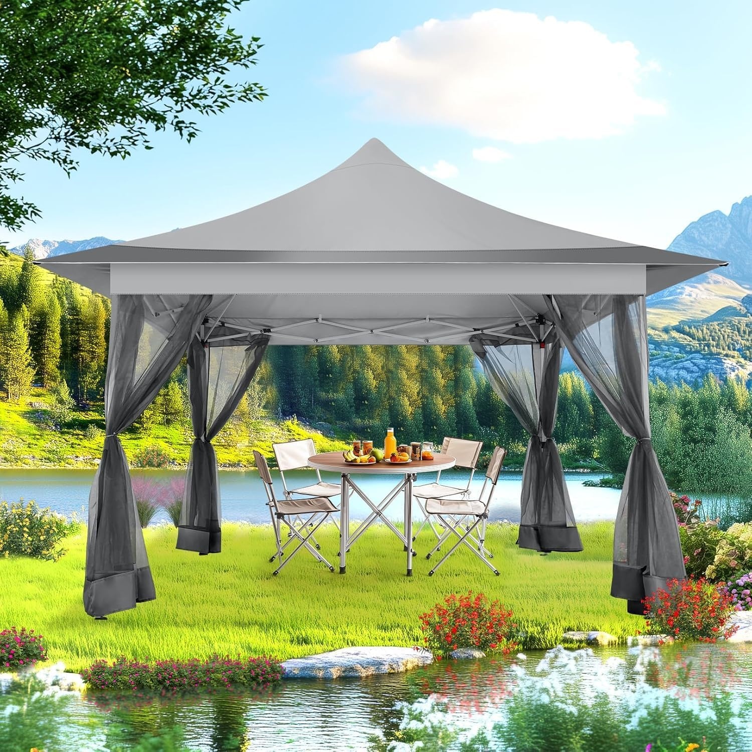 image:imageCOBIZI 16x16 Pop up Gazebo on Clearance Hexagonal Outdoor Canopy Tent with Mosquito Netting Adjustable Height and 256 Square ft of Shade for Party Backyard Gardens with Vented TopBrownLight Gray