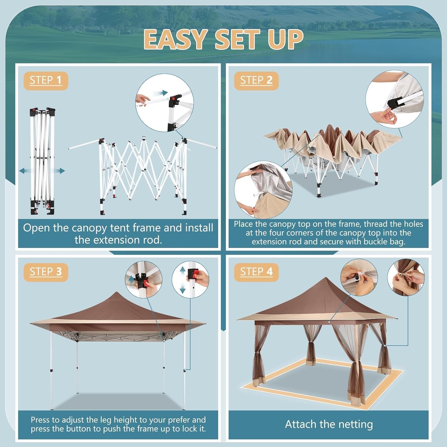 image:imageCOBIZI 16x16 Pop up Gazebo on Clearance Hexagonal Outdoor Canopy Tent with Mosquito Netting Adjustable Height and 256 Square ft of Shade for Party Backyard Gardens with Vented TopBrownBrown