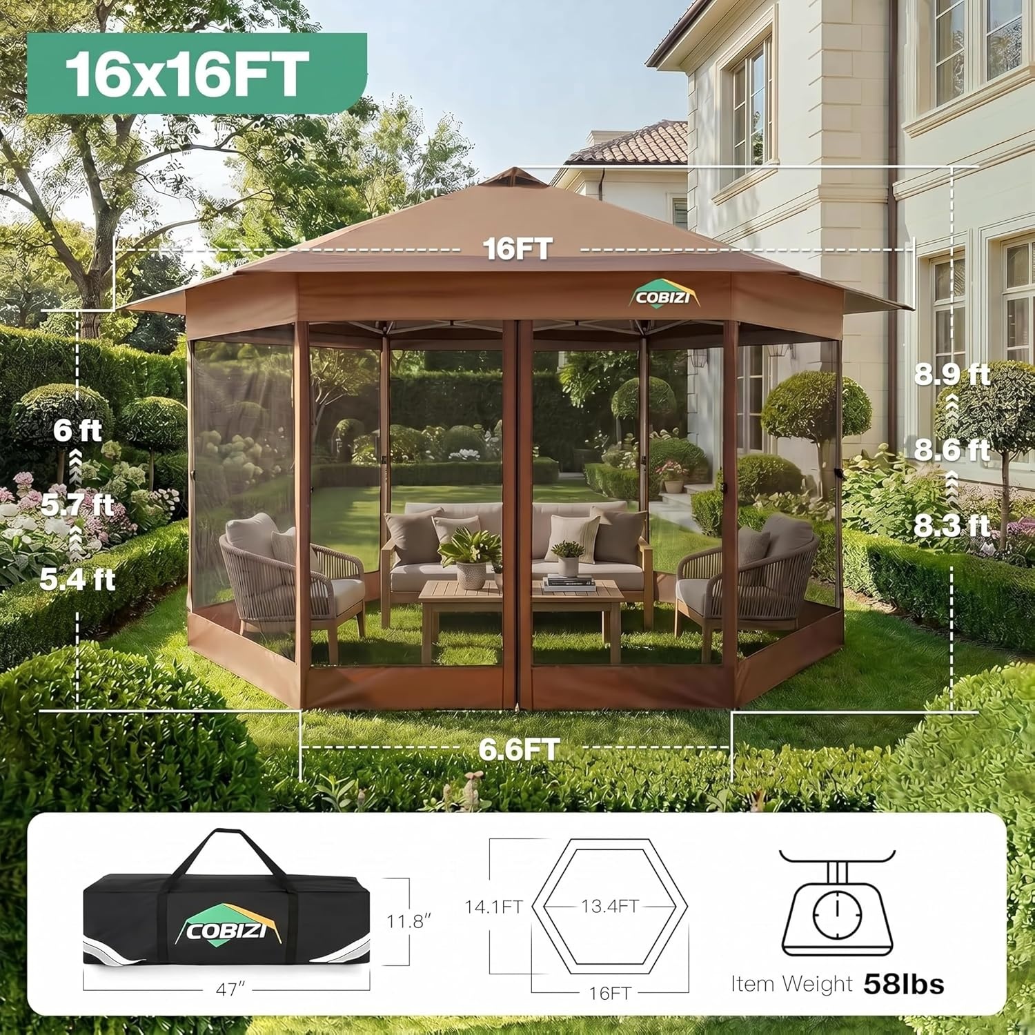 image:imageCOBIZI 16x16 Pop up Gazebo on Clearance Hexagonal Outdoor Canopy Tent with Mosquito Netting Adjustable Height and 256 Square ft of Shade for Party Backyard Gardens with Vented TopBrownBrown