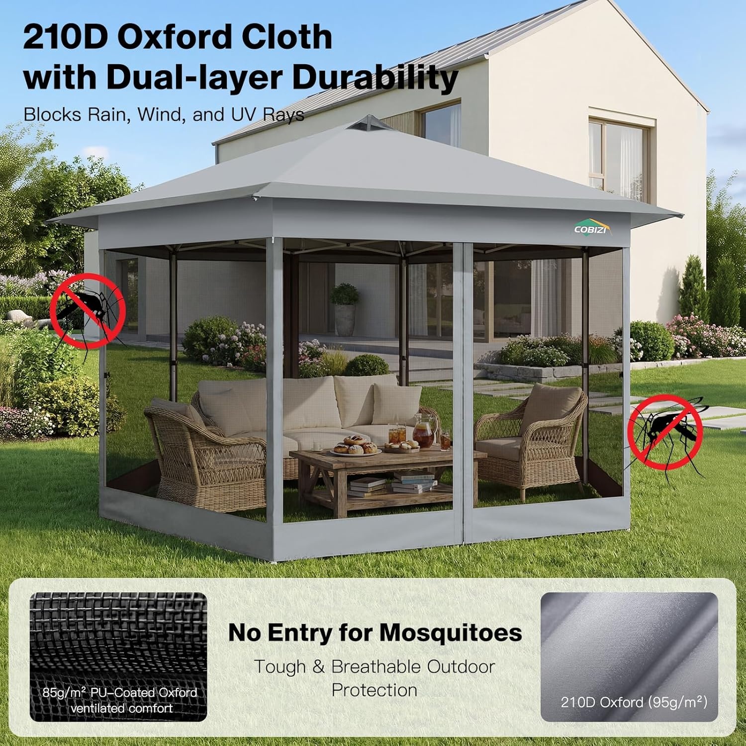image:imageCOBIZI 16x16 Pop up Gazebo on Clearance Hexagonal Outdoor Canopy Tent with Mosquito Netting Adjustable Height and 256 Square ft of Shade for Party Backyard Gardens with Vented TopBrownLight Gray