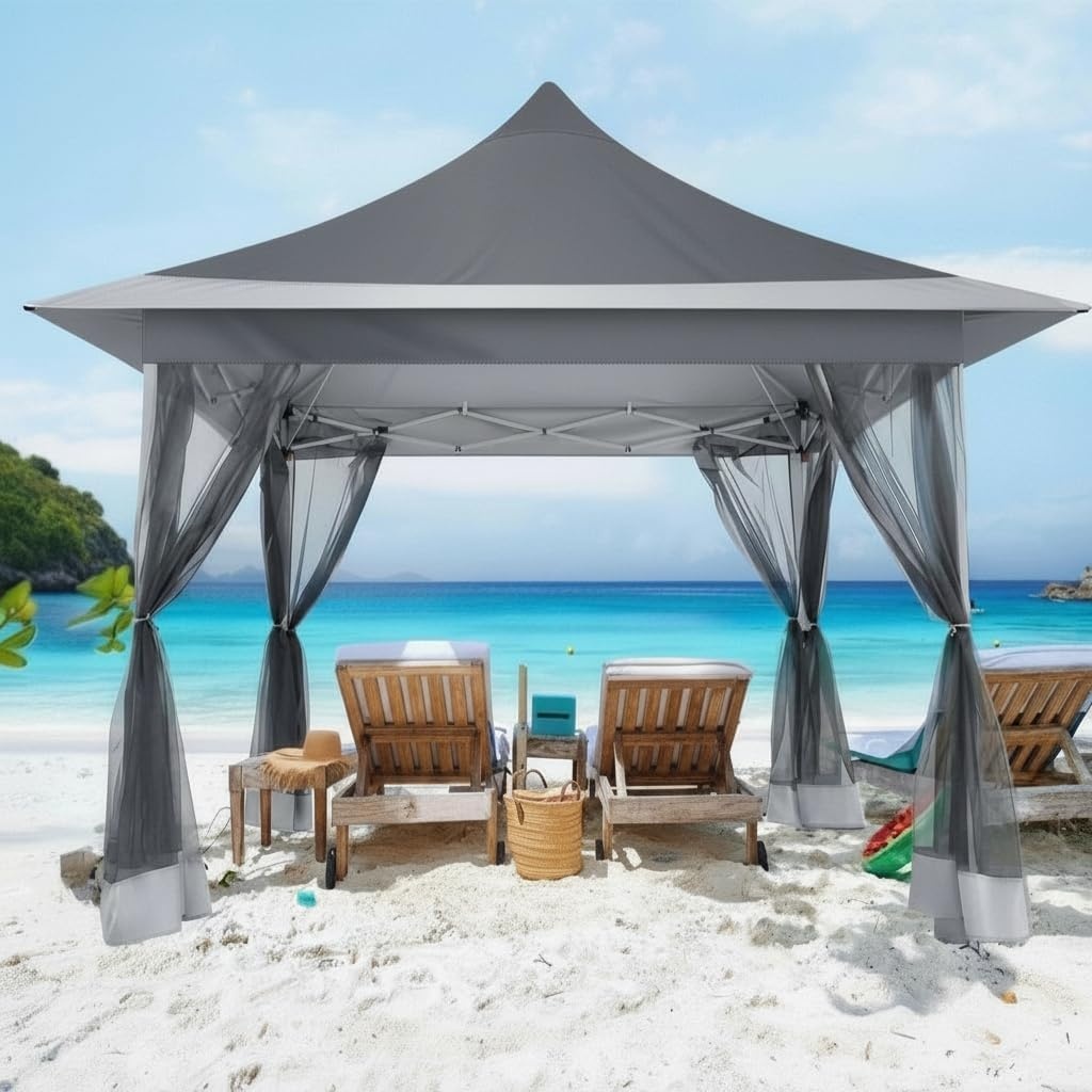 image:imageCOBIZI 16x16 Pop up Gazebo on Clearance Hexagonal Outdoor Canopy Tent with Mosquito Netting Adjustable Height and 256 Square ft of Shade for Party Backyard Gardens with Vented TopBrownDark Gray