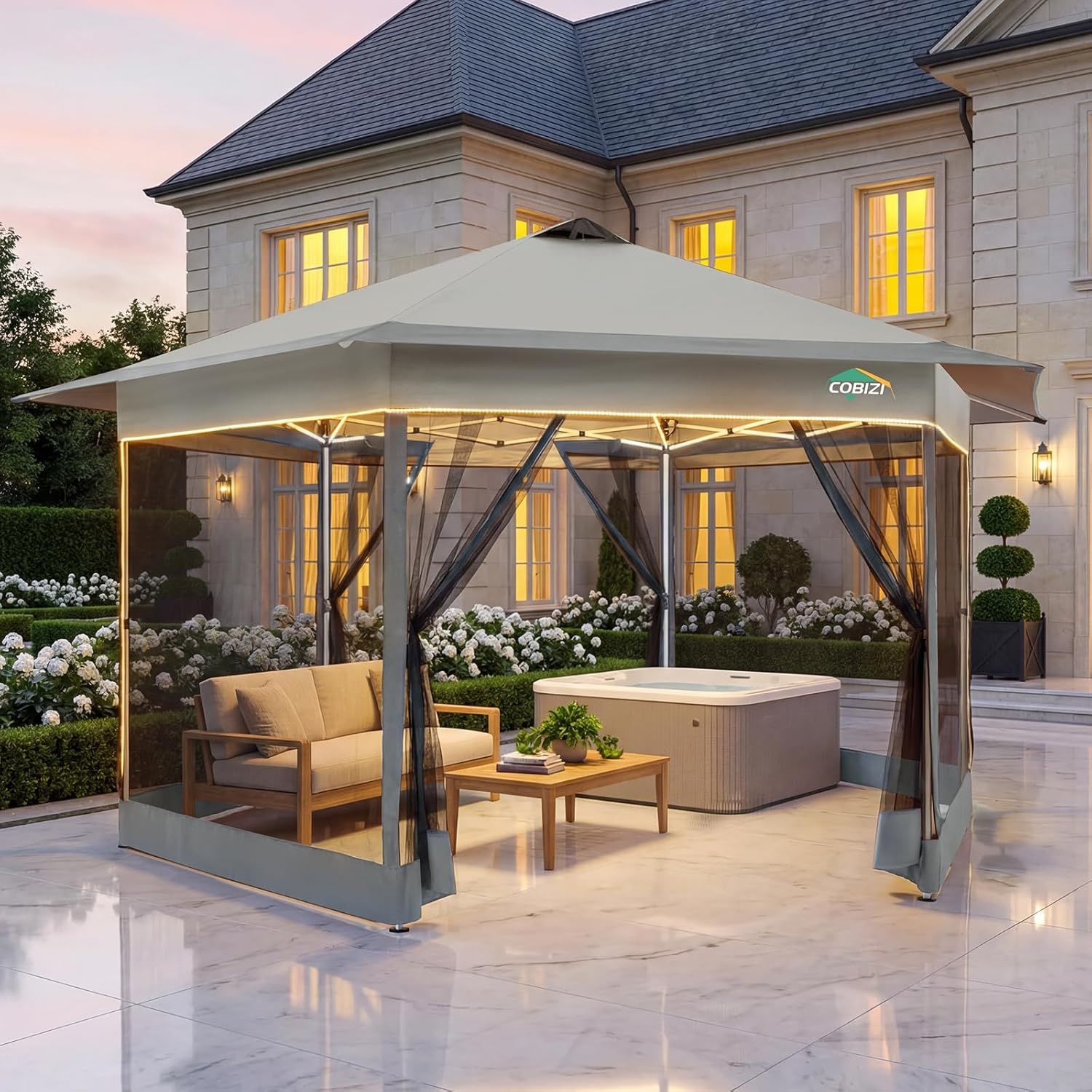 image:imageCOBIZI 16x16 Pop up Gazebo on Clearance Hexagonal Outdoor Canopy Tent with Mosquito Netting Adjustable Height and 256 Square ft of Shade for Party Backyard Gardens with Vented TopBrownLight Gray