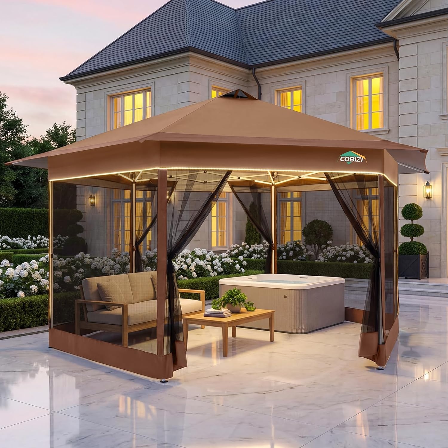 image:imageCOBIZI 16x16 Pop up Gazebo on Clearance Hexagonal Outdoor Canopy Tent with Mosquito Netting Adjustable Height and 256 Square ft of Shade for Party Backyard Gardens with Vented TopBrownBrown