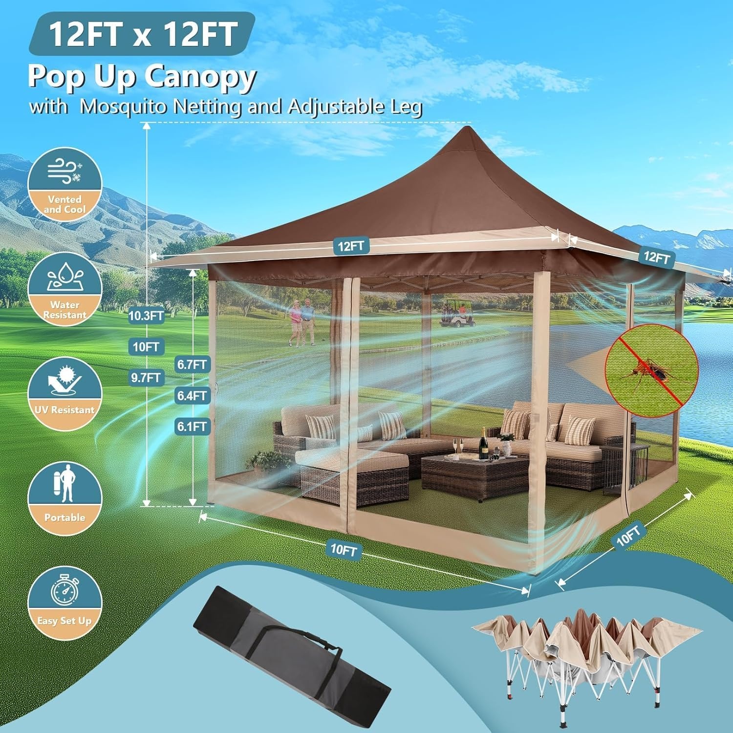 image:imageCOBIZI 16x16 Pop up Gazebo on Clearance Hexagonal Outdoor Canopy Tent with Mosquito Netting Adjustable Height and 256 Square ft of Shade for Party Backyard Gardens with Vented TopBrownBrown