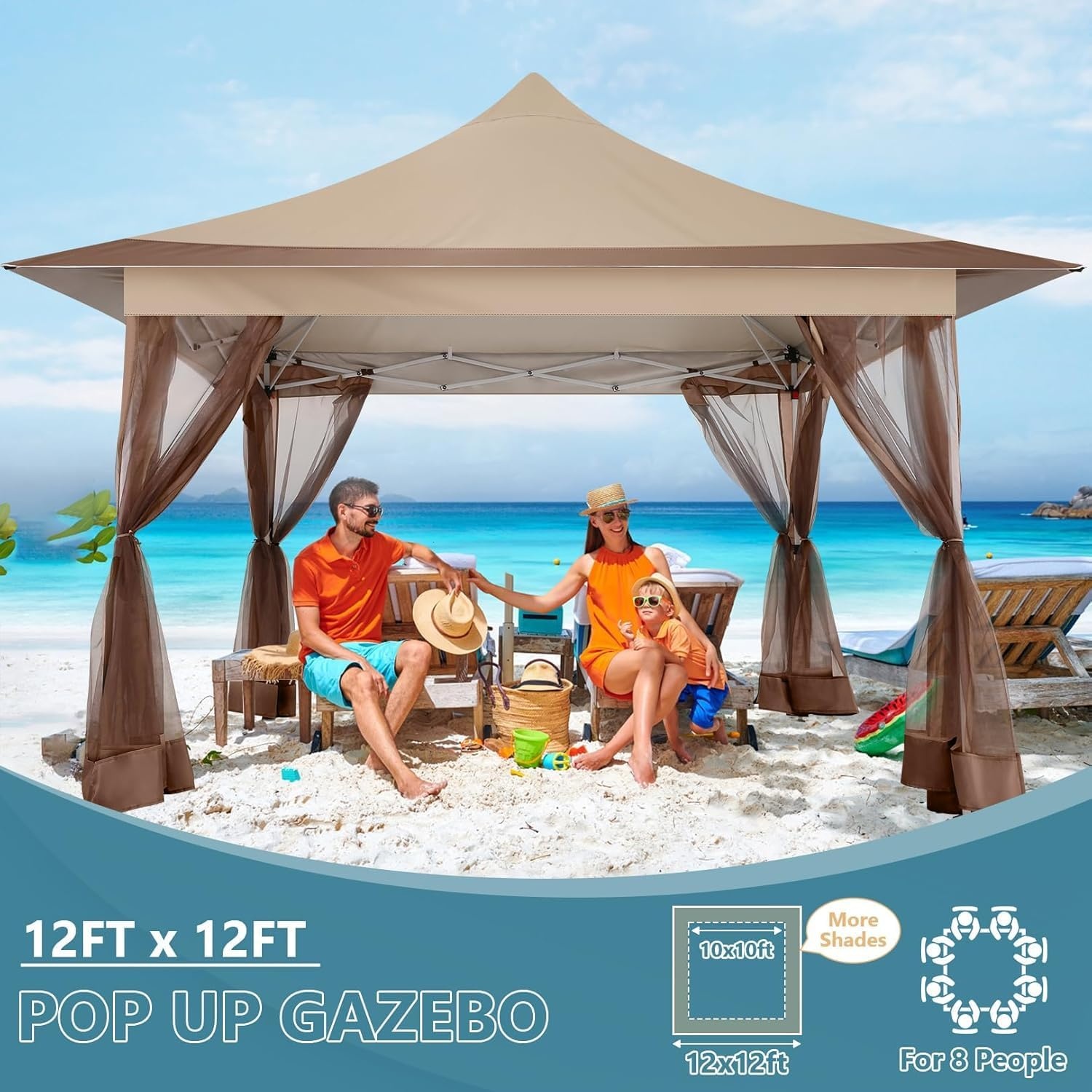 image:imageCOBIZI 16x16 Pop up Gazebo on Clearance Hexagonal Outdoor Canopy Tent with Mosquito Netting Adjustable Height and 256 Square ft of Shade for Party Backyard Gardens with Vented TopBrownKhaki
