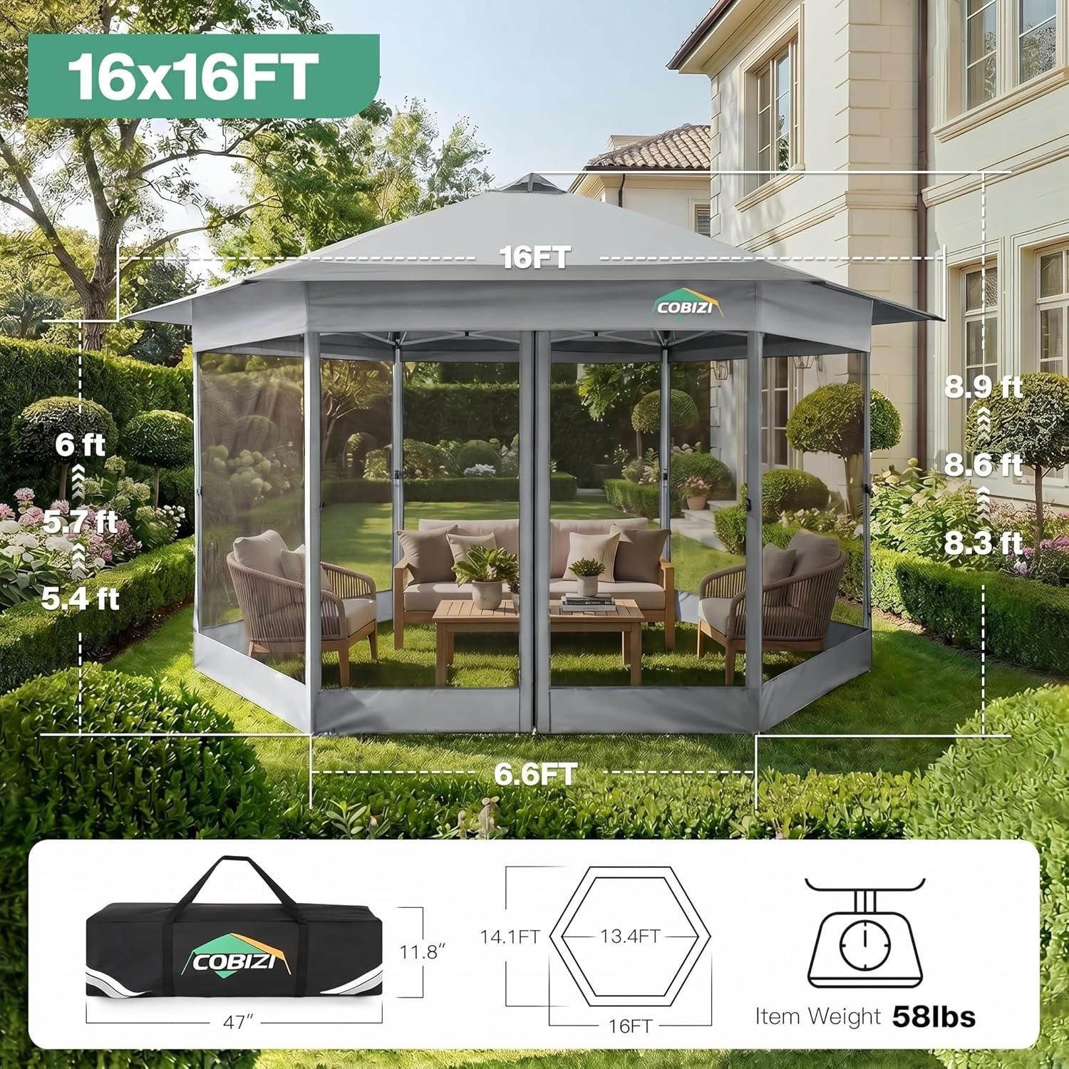 image:imageCOBIZI 16x16 Pop up Gazebo on Clearance Hexagonal Outdoor Canopy Tent with Mosquito Netting Adjustable Height and 256 Square ft of Shade for Party Backyard Gardens with Vented TopBrownLight Gray