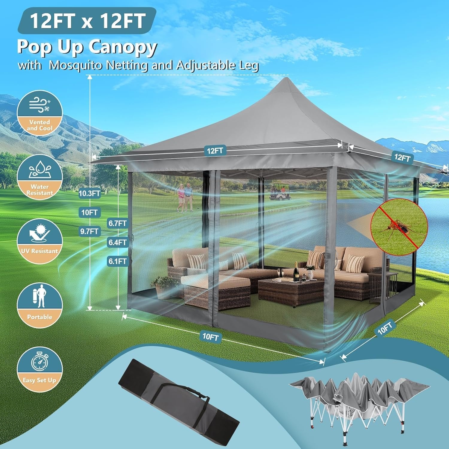 image:imageCOBIZI 16x16 Pop up Gazebo on Clearance Hexagonal Outdoor Canopy Tent with Mosquito Netting Adjustable Height and 256 Square ft of Shade for Party Backyard Gardens with Vented TopBrownLight Gray