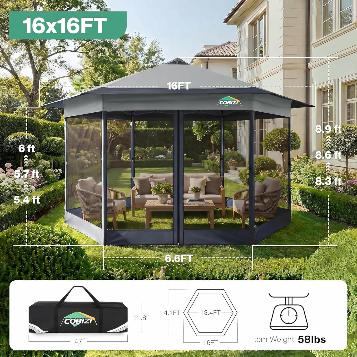 image:imageCOBIZI 16x16 Pop up Gazebo on Clearance Hexagonal Outdoor Canopy Tent with Mosquito Netting Adjustable Height and 256 Square ft of Shade for Party Backyard Gardens with Vented TopBrownDark Gray