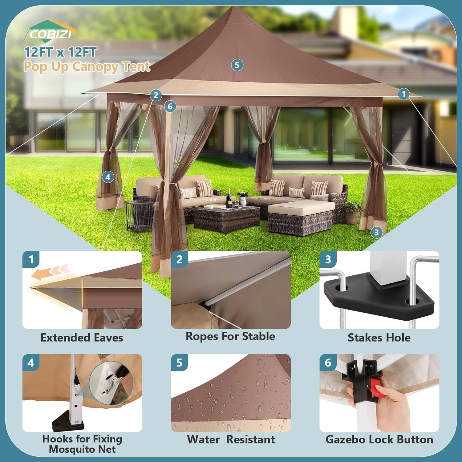 image:imageCOBIZI 16x16 Pop up Gazebo on Clearance Hexagonal Outdoor Canopy Tent with Mosquito Netting Adjustable Height and 256 Square ft of Shade for Party Backyard Gardens with Vented TopBrownBrown