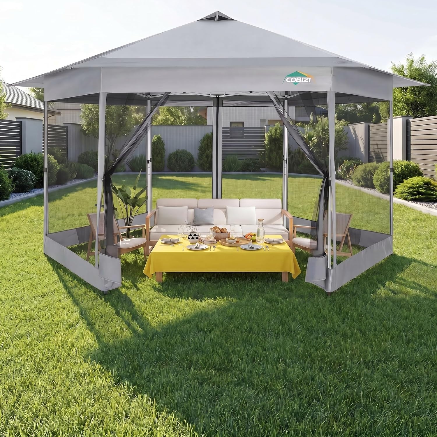 image:imageCOBIZI 16x16 Pop up Gazebo on Clearance Hexagonal Outdoor Canopy Tent with Mosquito Netting Adjustable Height and 256 Square ft of Shade for Party Backyard Gardens with Vented TopBrownLight Gray