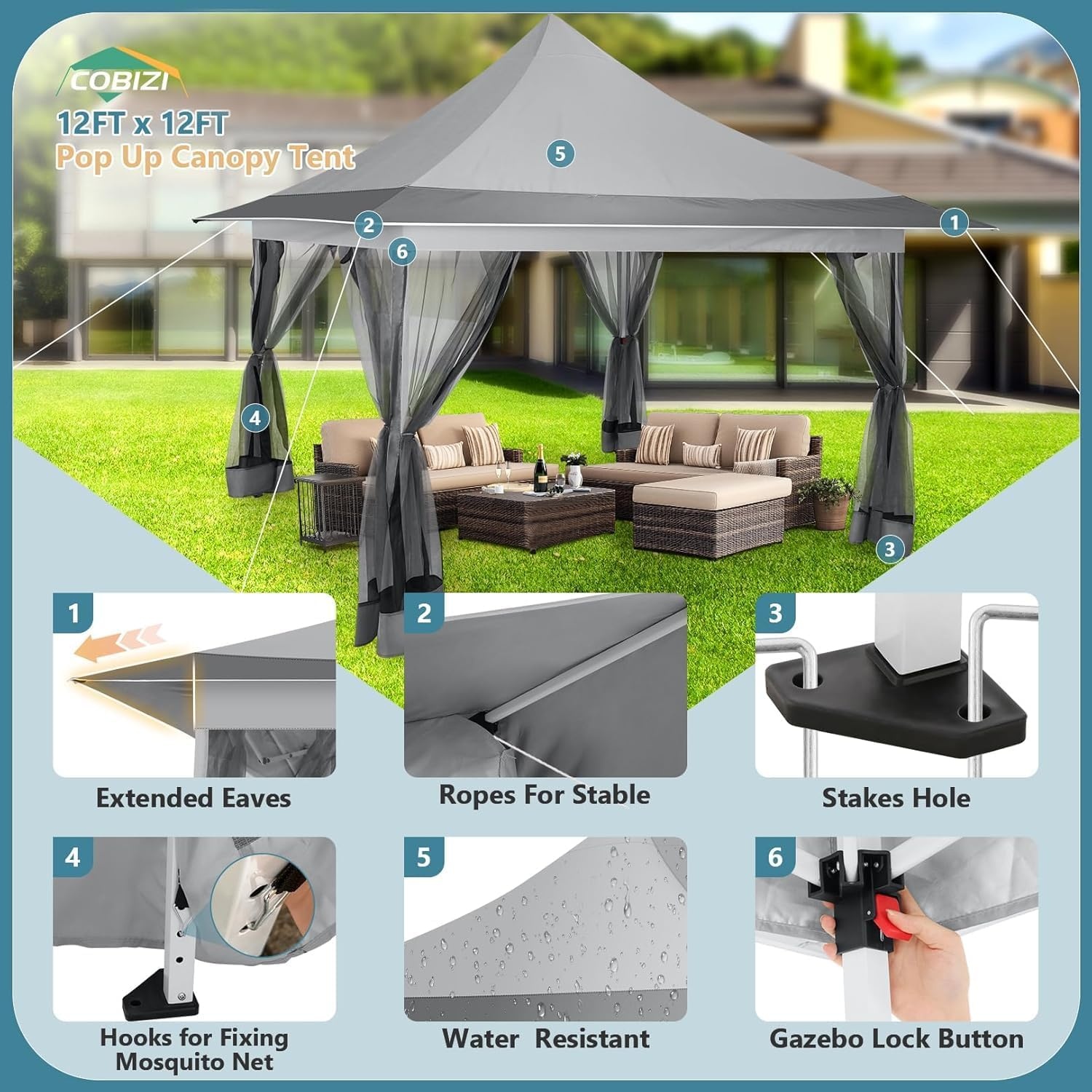 image:imageCOBIZI 16x16 Pop up Gazebo on Clearance Hexagonal Outdoor Canopy Tent with Mosquito Netting Adjustable Height and 256 Square ft of Shade for Party Backyard Gardens with Vented TopBrownLight Gray