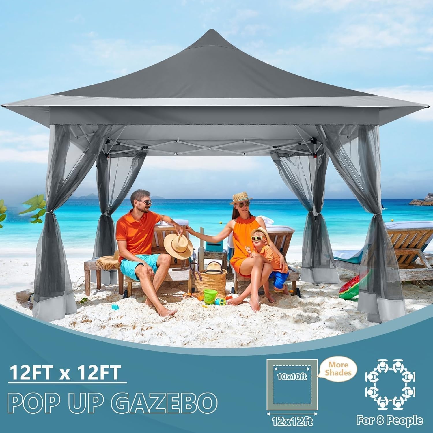 image:imageCOBIZI 16x16 Pop up Gazebo on Clearance Hexagonal Outdoor Canopy Tent with Mosquito Netting Adjustable Height and 256 Square ft of Shade for Party Backyard Gardens with Vented TopBrownDark Gray