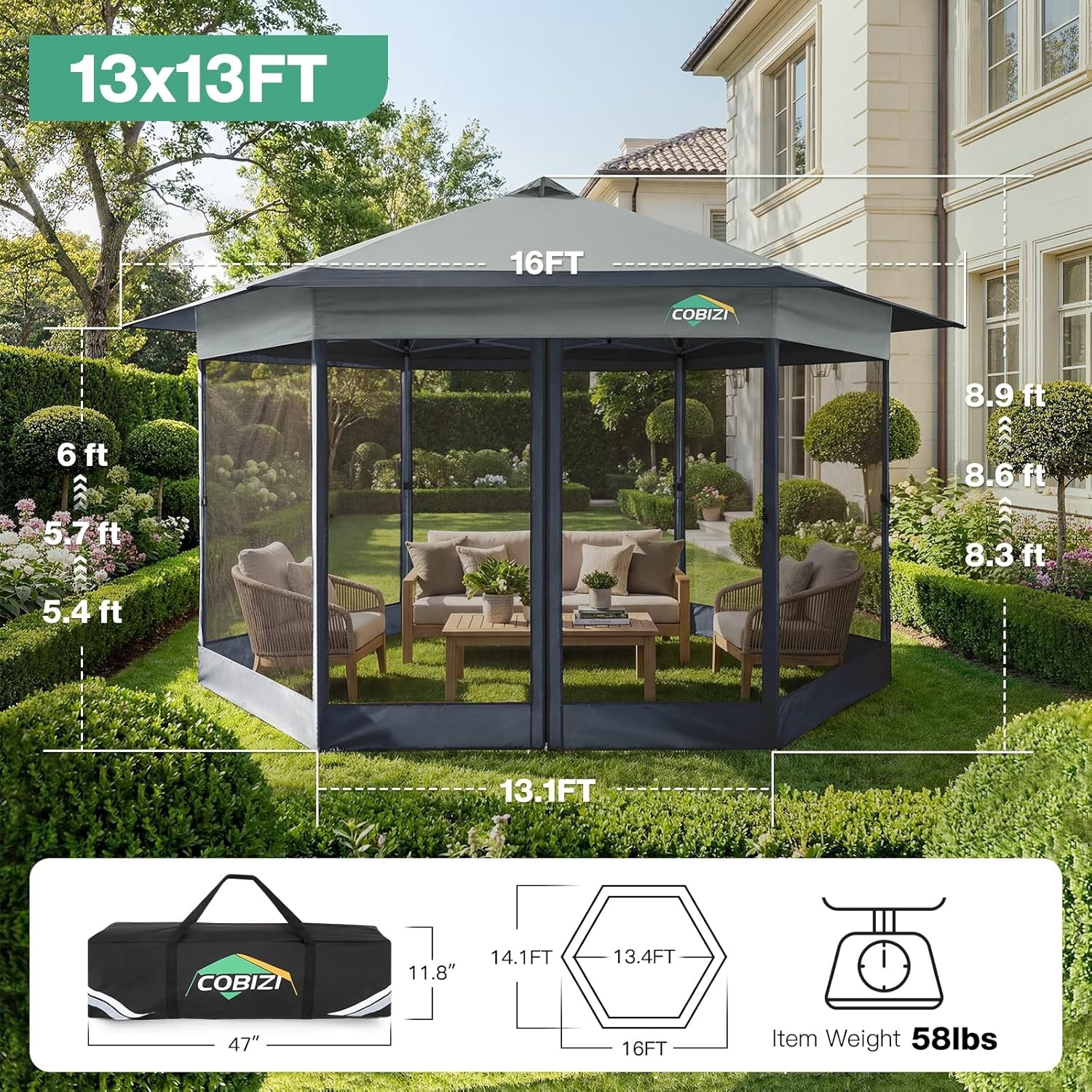 image:imageCOBIZI 16x16 Pop up Gazebo on Clearance Hexagonal Outdoor Canopy Tent with Mosquito Netting Adjustable Height and 256 Square ft of Shade for Party Backyard Gardens with Vented TopBrownDark Gray