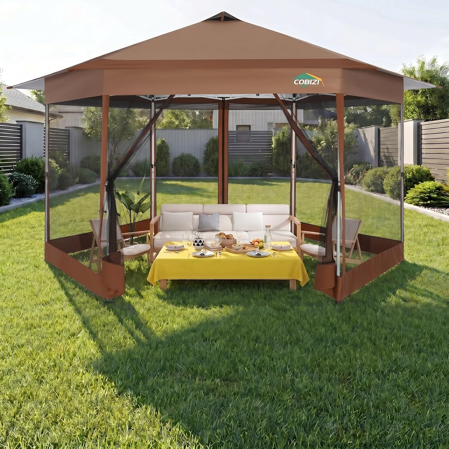 image:imageCOBIZI 16x16 Pop up Gazebo on Clearance Hexagonal Outdoor Canopy Tent with Mosquito Netting Adjustable Height and 256 Square ft of Shade for Party Backyard Gardens with Vented TopBrownBrown
