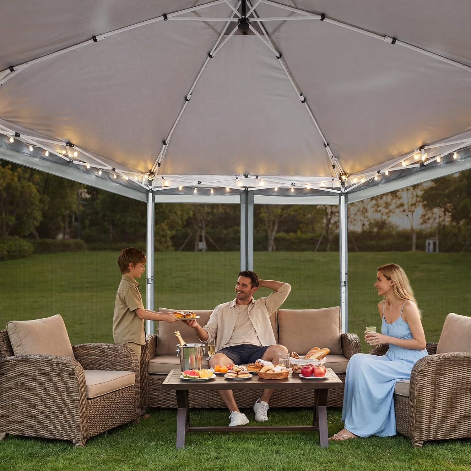image:imageCOBIZI 16x16 Pop up Gazebo on Clearance Hexagonal Outdoor Canopy Tent with Mosquito Netting Adjustable Height and 256 Square ft of Shade for Party Backyard Gardens with Vented TopBrownLight Gray