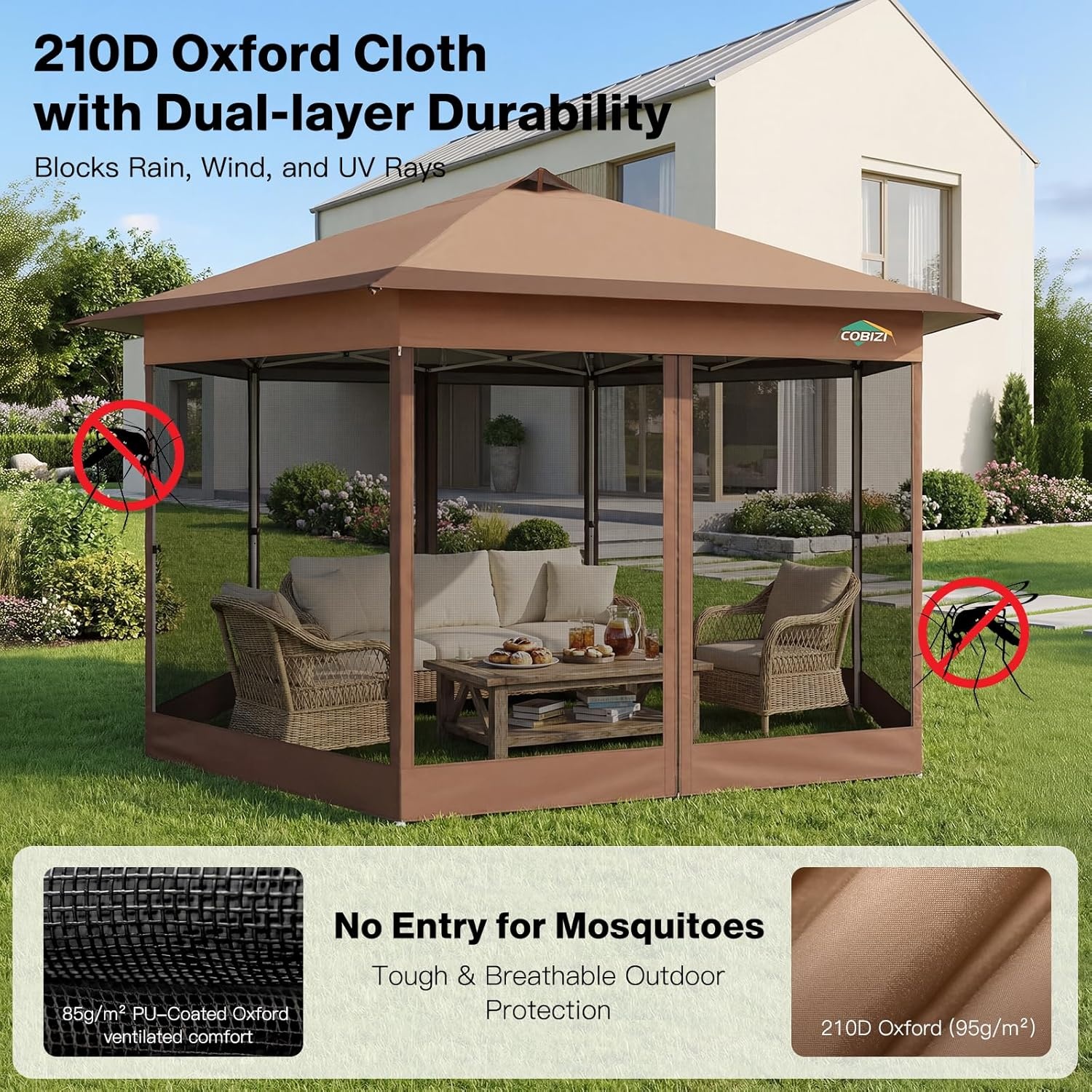image:imageCOBIZI 16x16 Pop up Gazebo on Clearance Hexagonal Outdoor Canopy Tent with Mosquito Netting Adjustable Height and 256 Square ft of Shade for Party Backyard Gardens with Vented TopBrownBrown