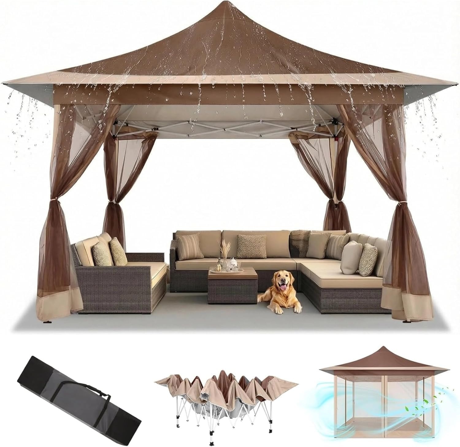 image:imageCOBIZI 16x16 Pop up Gazebo on Clearance Hexagonal Outdoor Canopy Tent with Mosquito Netting Adjustable Height and 256 Square ft of Shade for Party Backyard Gardens with Vented TopBrownBrown